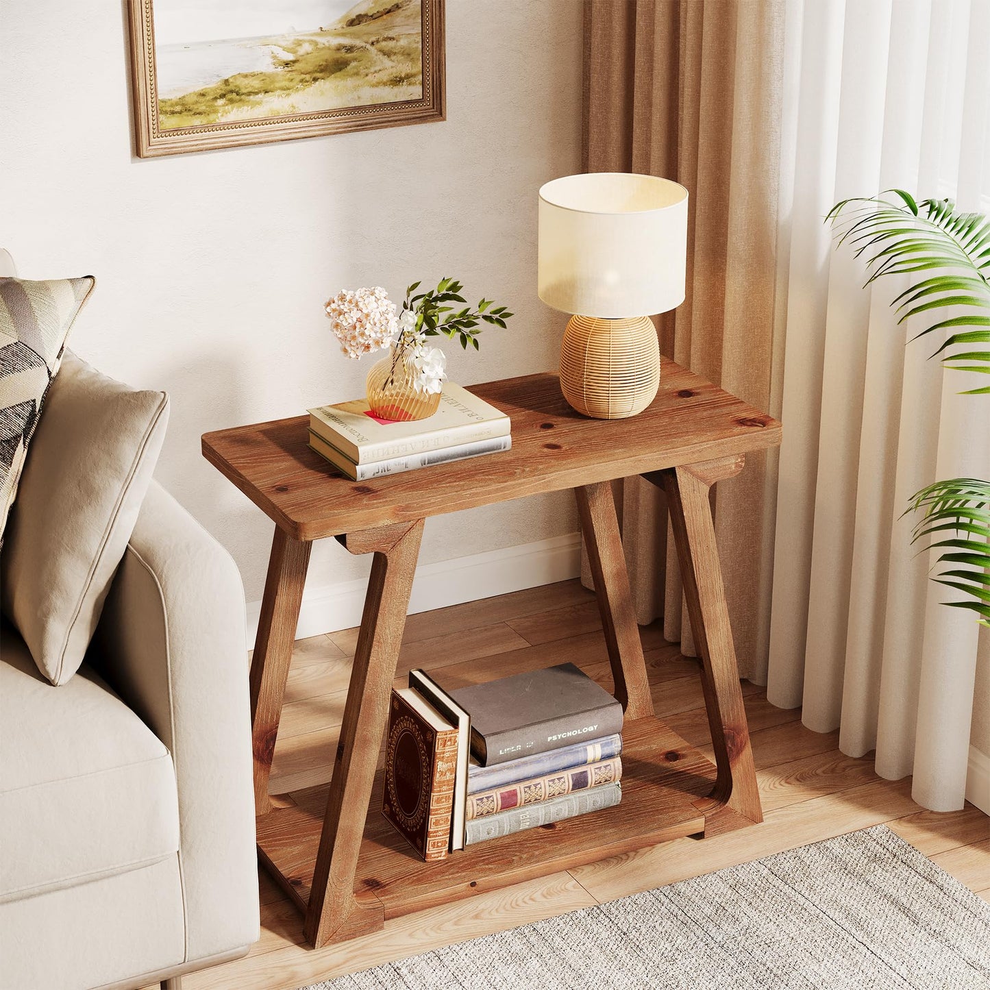 2-Tier Solid Wood End Table, Narrow Side Table, Rectangle Farmhouse Nightstand for Living Room, Bedroom, Easy Assembly, Trapezoidal Base (1, Natural Brown)