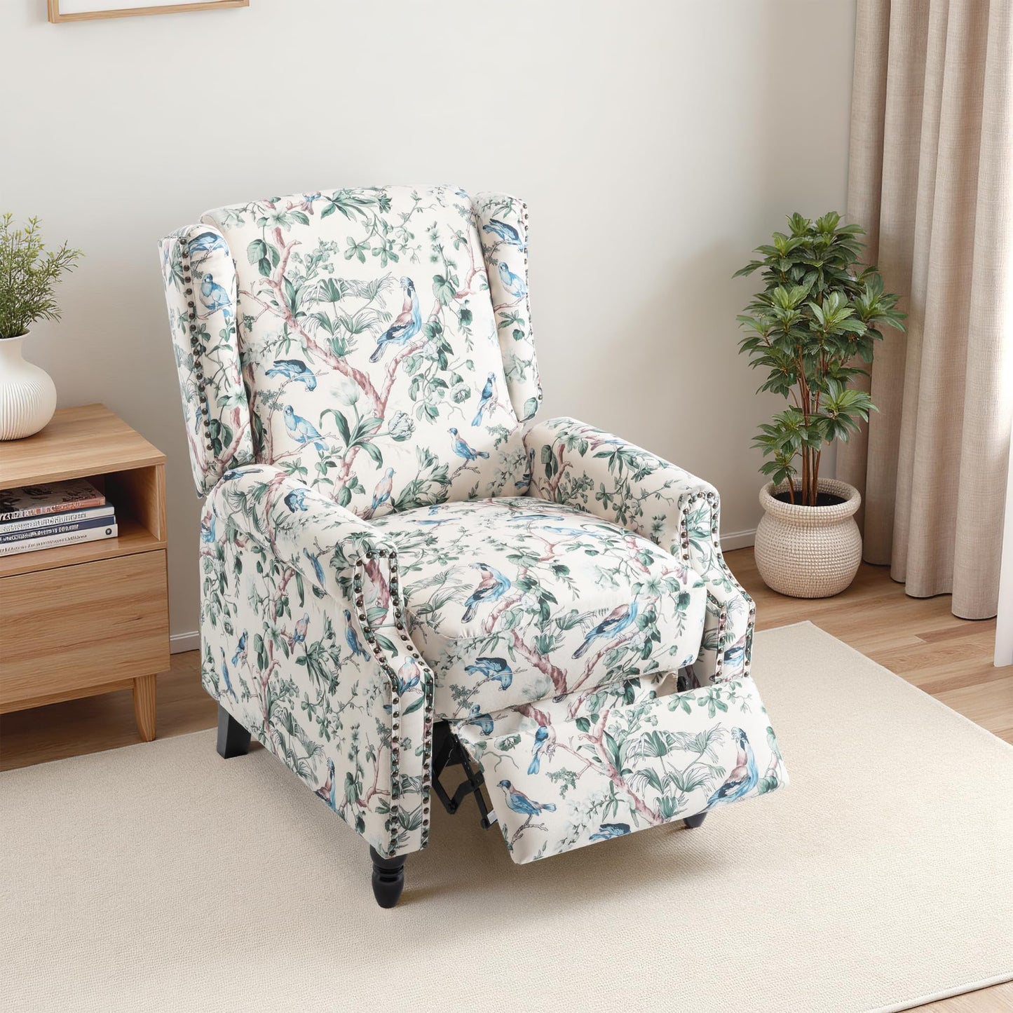 Pushback Recliner Chair, Printed Fabric Wingback Recliner Chair for Living Room, Upholstered Armchair Push Back Recliner with Wood Legs, Rivet Trim Wingback Accent Chair for Bedroom, Navy