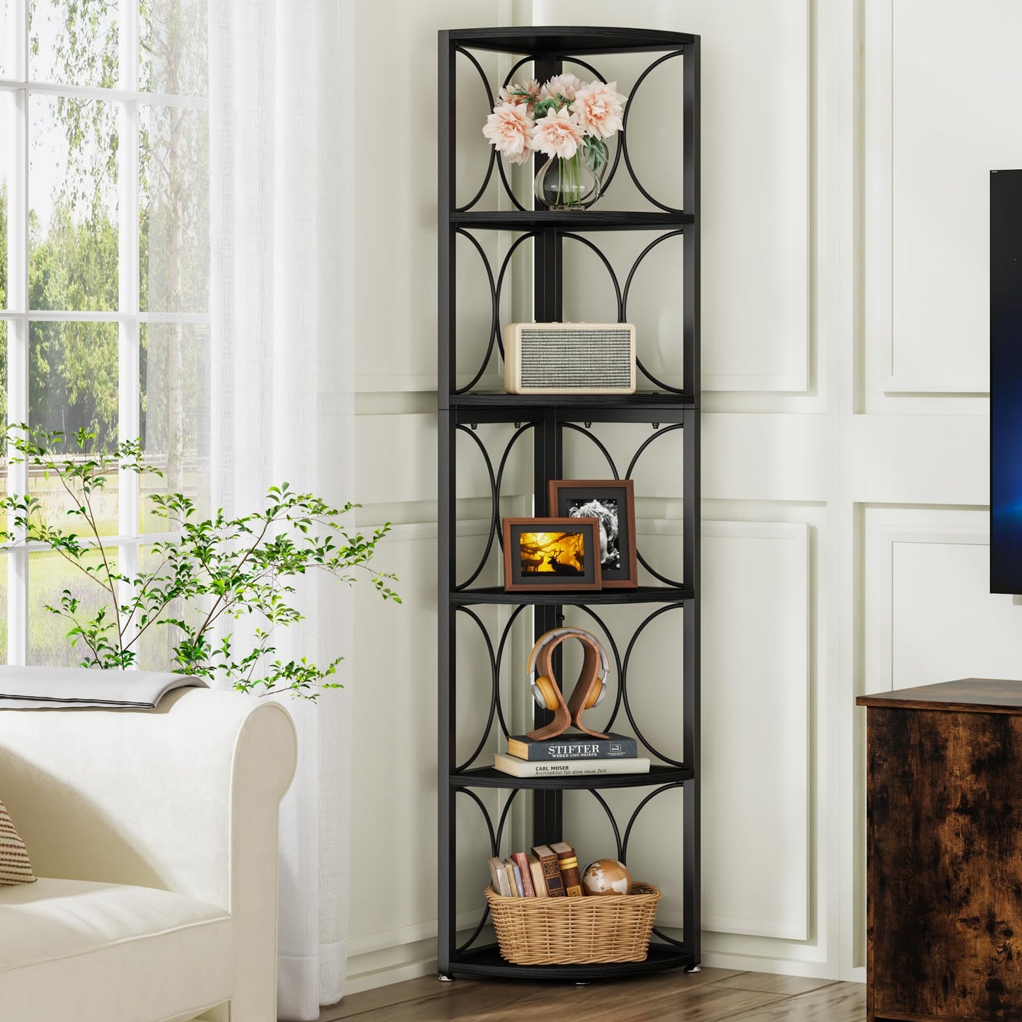 Tribesigns 67 inch Tall Corner Shelf, 6 Tier Rustic Corner Bookshelf Bookcase Storage Rack Standing Shelving Unit for Living Room, Small Space