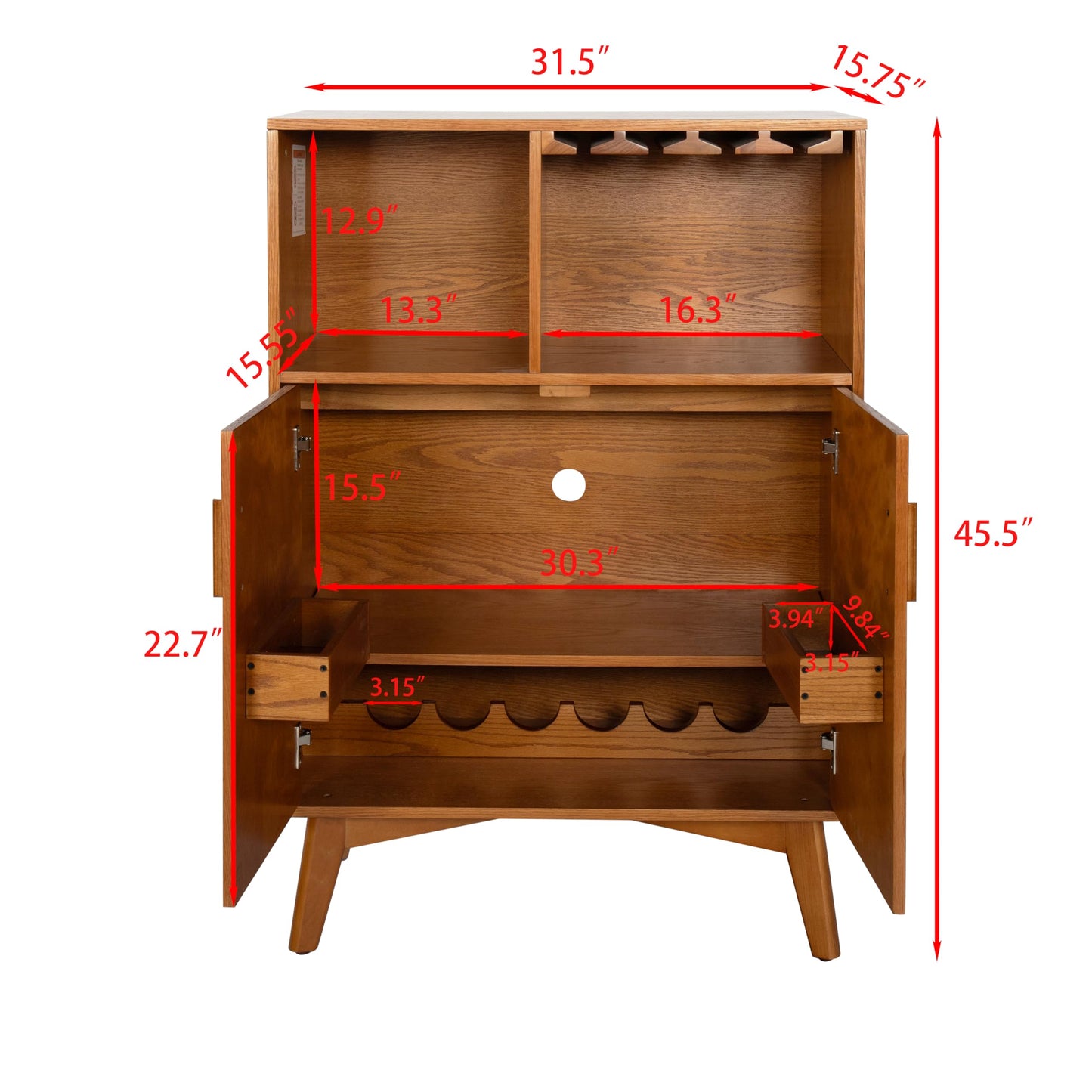 LKTART Wine Cabinet & Coffee Bar with Bottle Holders & Stemware Racks,Liquor Cabinet with Open Storage and Built-in Door Shelves,Bar Cabinet with Solid Wood Legs and Adjustable Shelf