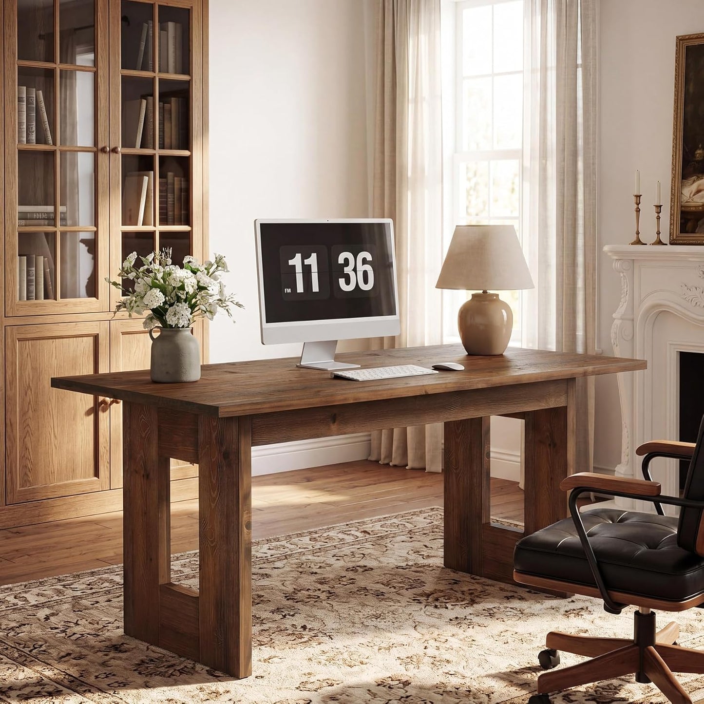 63-Inch Solid Wood Computer Desk, Rustic Rectangular Office Desk, Heavy Duty Writing Workstation with Sturdy Frame, Multi-Purpose Study Table for Home Office, Workplace, Brown
