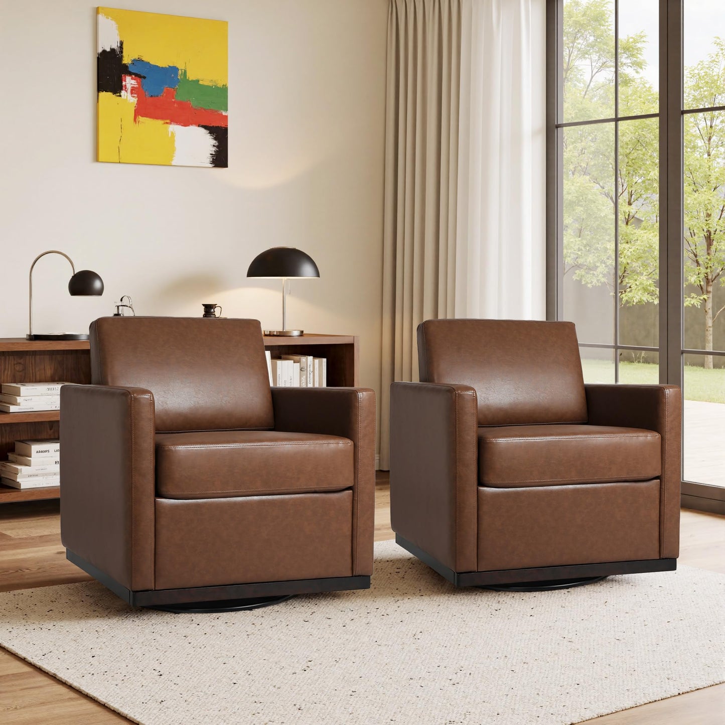 Faux Leather Swivel Accent Chairs Set of 2, 360° Swivel Upholstered Club Armchairs for Living Room, 31" Wide Square Single Sofa Reading Chair with Deep Seat, Metal Swivel Base, Navy