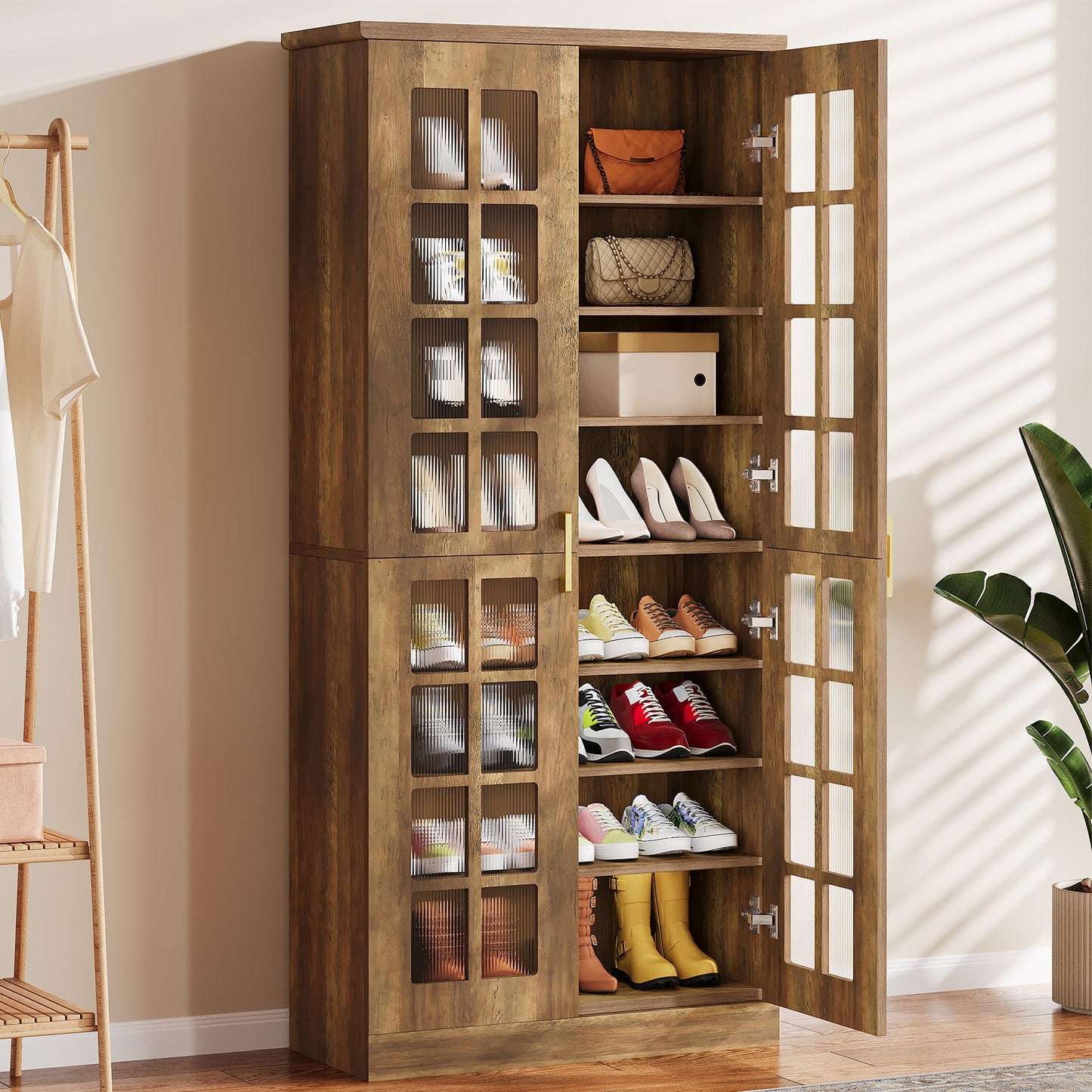 Tribesigns Tall Shoe Cabinet with Doors, 8-Tier Shoe Storage with Adjustable Shelves, Modern Shoe Organizer Shoe Rack Cabinet for Entryway, Hallway, Closet, Living Room, Rustic Brown