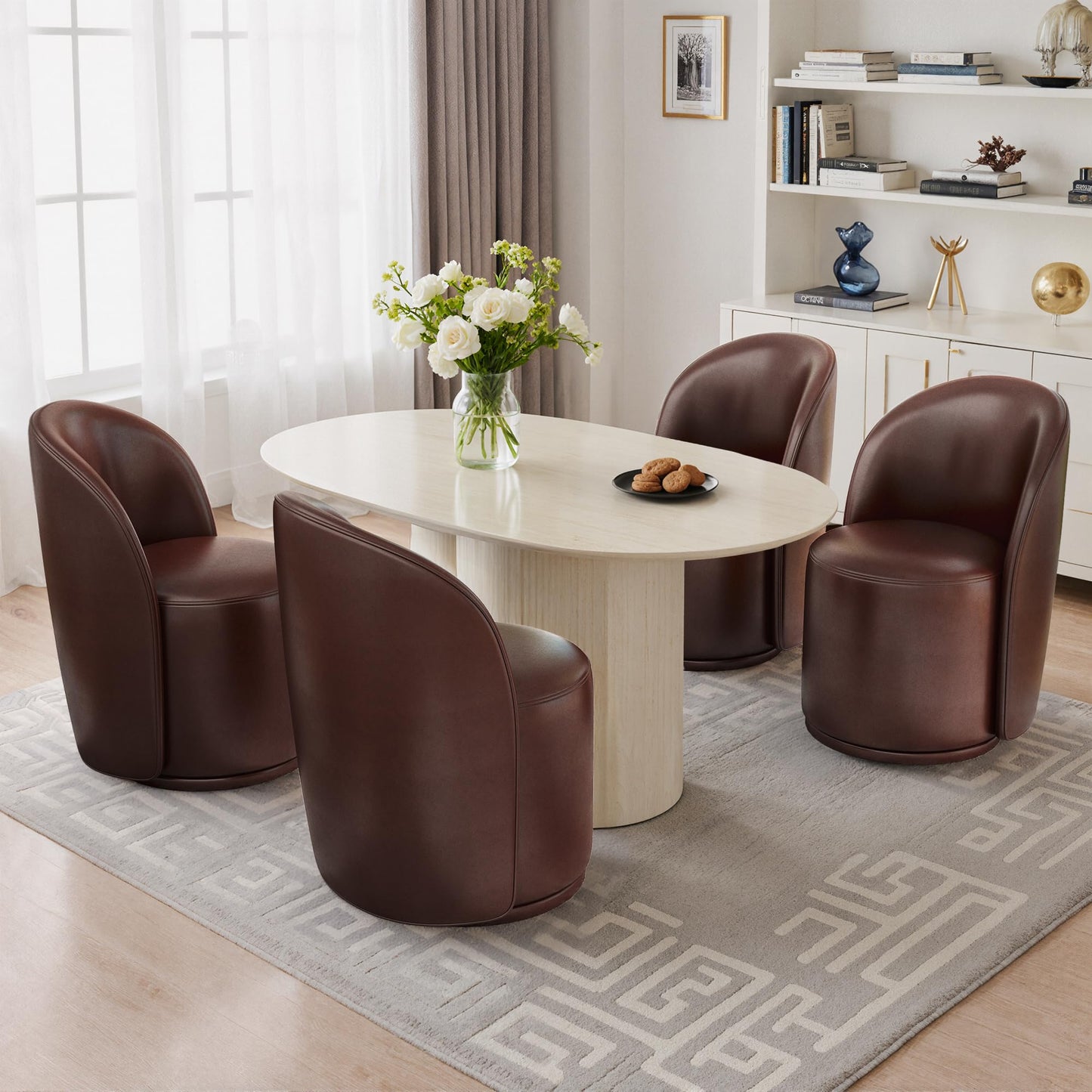 Swivel Barrel Dining Chairs Set of 2, Faux Leather Upholstered Round Dining Chairs, 360° Swivel Vanity Chair Comfy Armless Accent Makeup Chair for Dining/Living Room Makeup Room, Brown