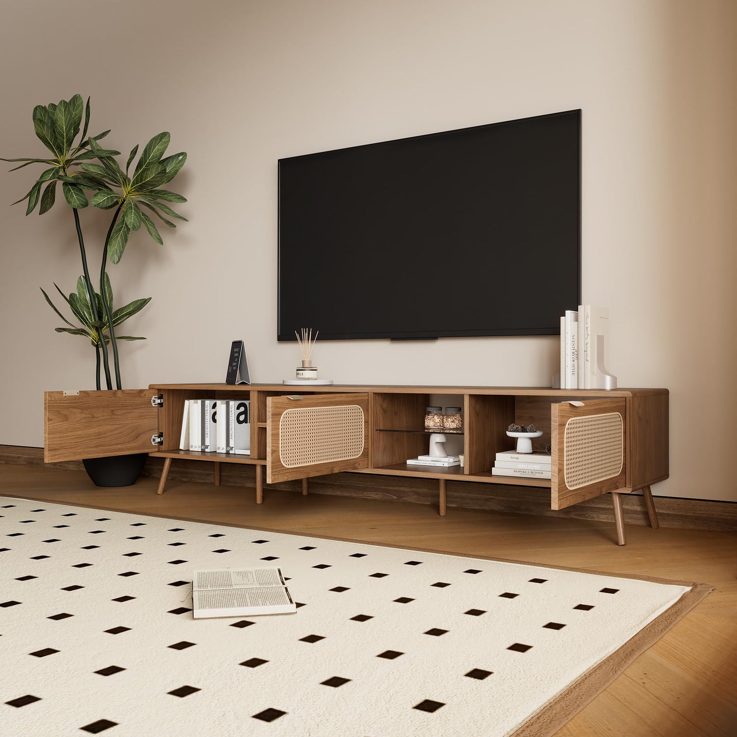 LKTART 67" Mid Century Modern TV Stand for 65/70/75/80" TVs,Entertainment Center with Sliding Doors and Drawers,Media Console for Living Room
