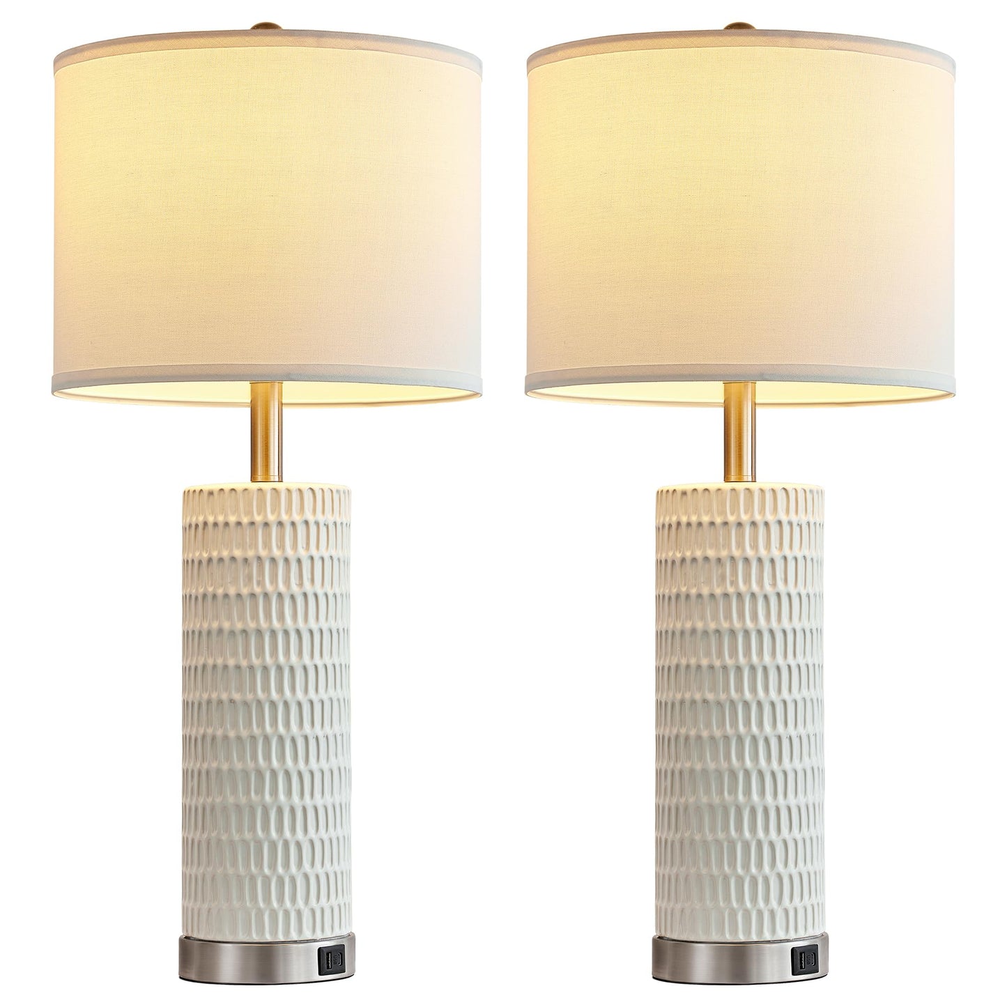 White Ceramic Table Lamps Set of 2, 28" Lamps for Living Room with USB C+A Ports, Touch Lamps for Nightstand, 2 Bulbs Included