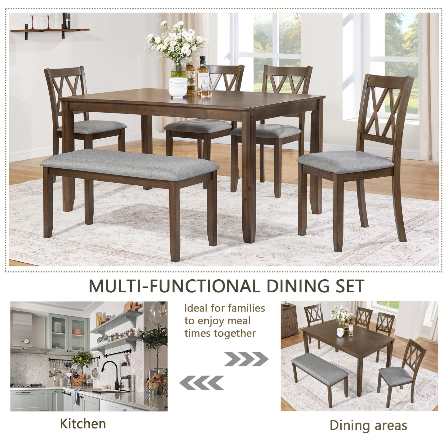 LKTART 6 Piece Kitchen Dining Set, 58.5" Rectangular Wooden Dinner Table with 4 Upholstered Chairs and a Bench for Living Room, Home Bar and Kitchen, Walnut
