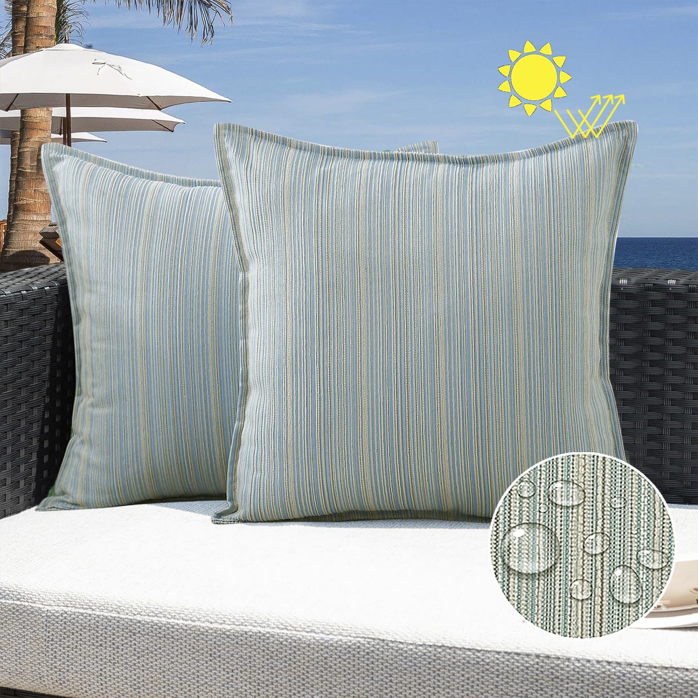 VAKADO Outdoor Waterproof Throw Pillow Covers 18x18 Set of 2,Chenille UV Decorative with Hem Patio Furniture Cushion Cases Decor for Bench Garden Tent Chair Seat Porch Couch,Stripe Beige