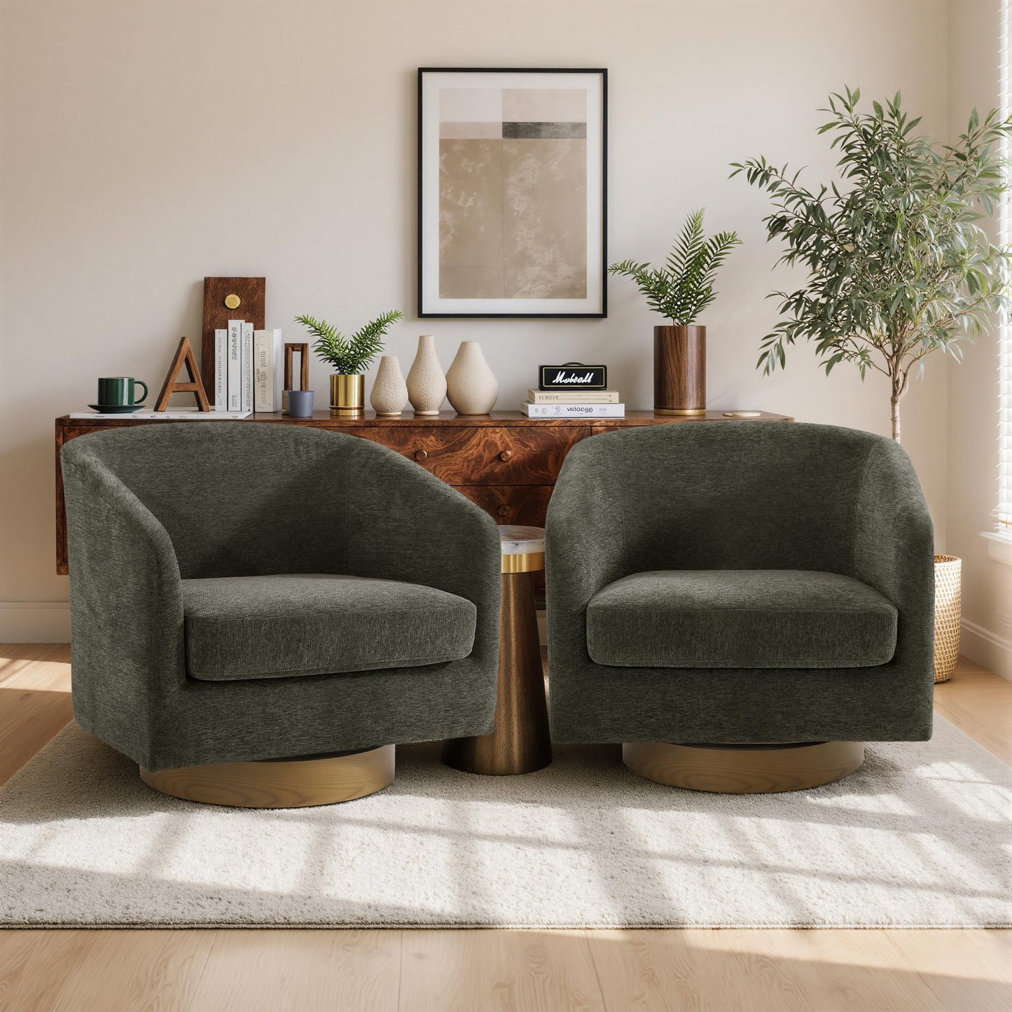Swivel Barrel Chairs Set of 2, 31" W Modern Faux Leather Round Swivel Accent Chair for Living Room, 360° Rotation Upholstered Armchair Club Chair for Bedroom, Reading Room, Office (Brown)