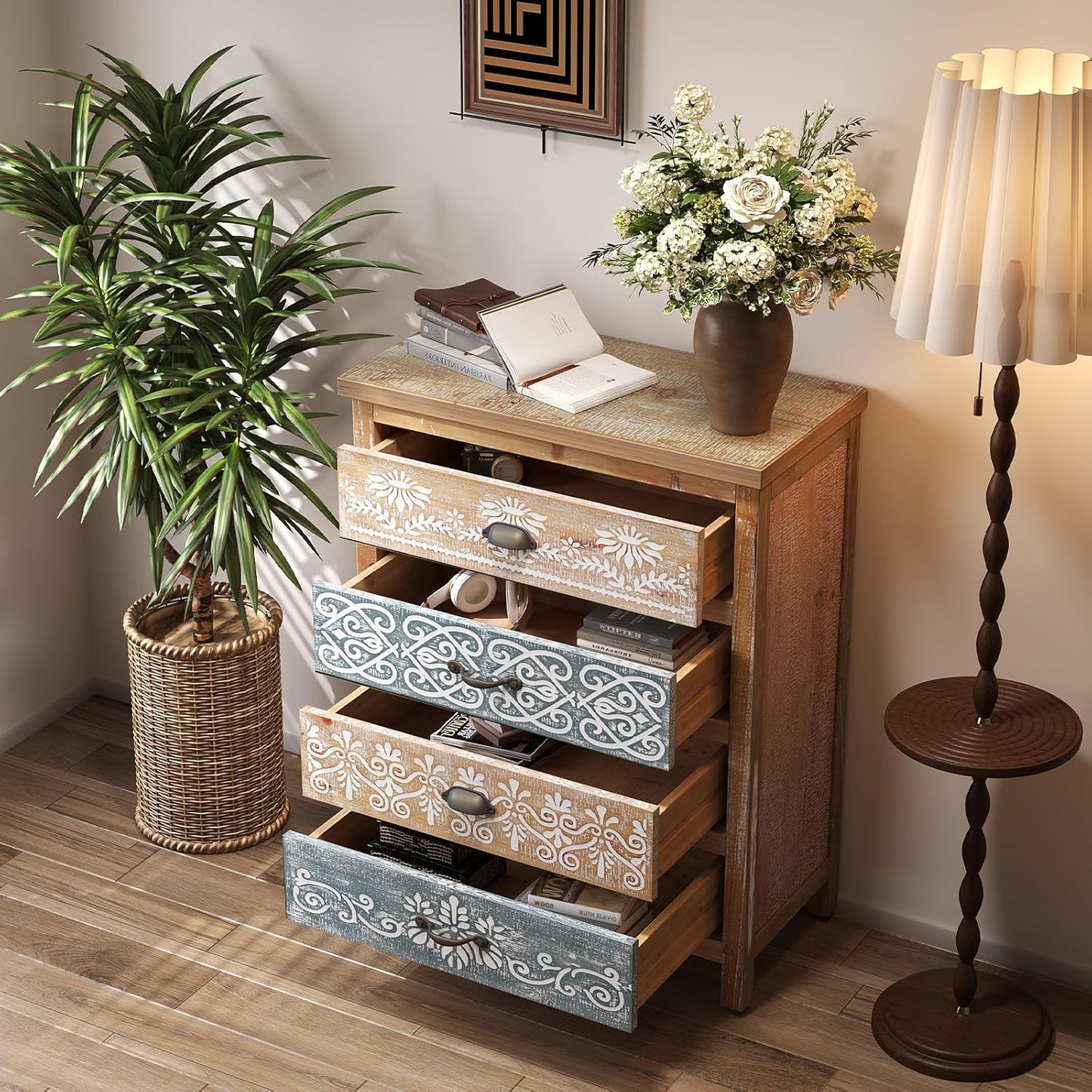 LKTART Wooden Storage Cabinet with Carved Drawers,Boho Small Buffet Sideboard with Hand Painted,Rustic Accent Credenza for Entryway,Kitchen,Living Room