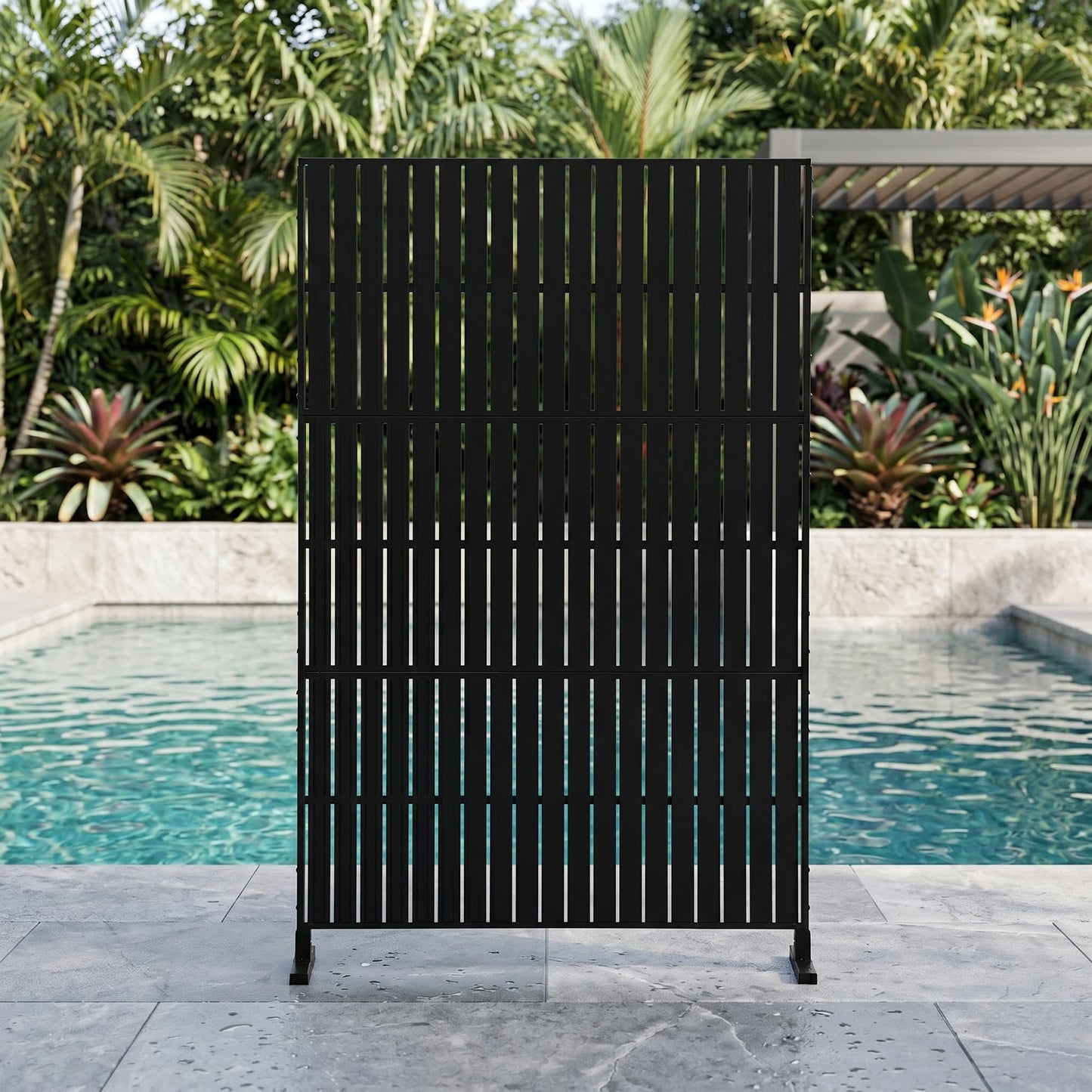 Outdoor Metal Privacy Screen with Stand, 72" H x 47" W Freestanding Outdoor Patio Divider, Decorative Patio Privacy Fence Panel for Garden Backyard Balcony Porch (Brown-Crossbanding)
