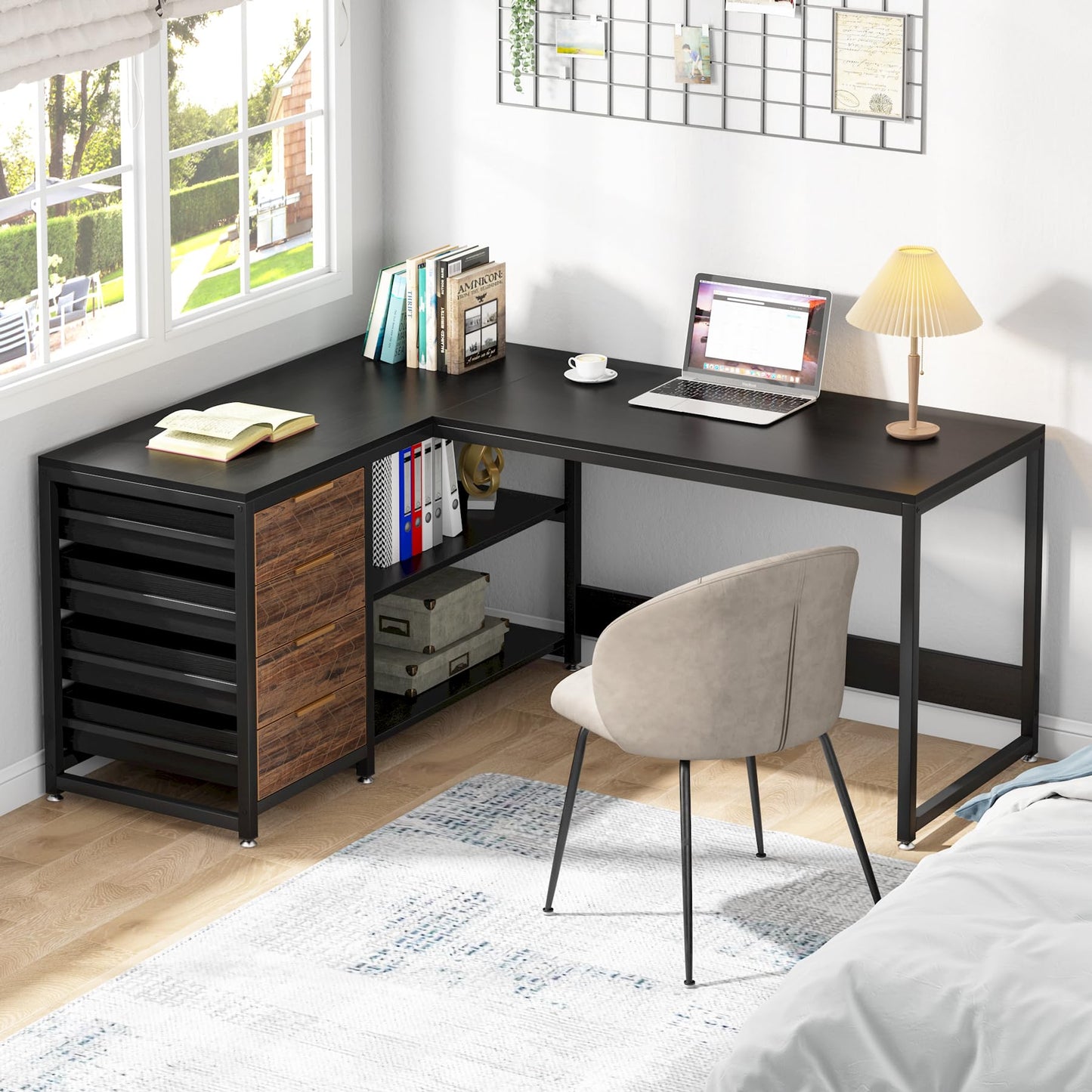 Tribesigns L Shaped Computer Desk with Storage Drawers, 59 inch Corner Desk with Shelves, Reversible L-Shaped Office Desk Study Writing Table Workstation for Home Office, Walnut & White