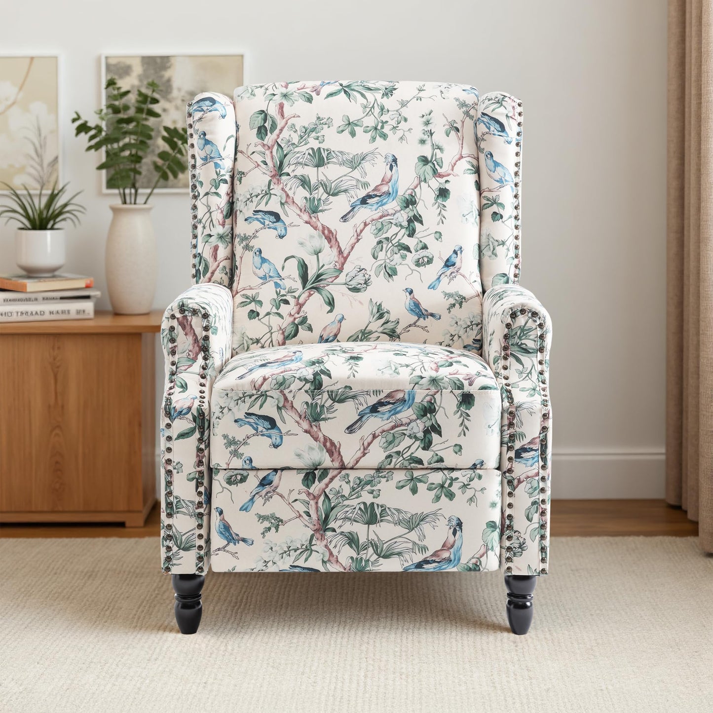 Pushback Recliner Chair, Printed Fabric Wingback Recliner Chair for Living Room, Upholstered Armchair Push Back Recliner with Wood Legs, Rivet Trim Wingback Accent Chair for Bedroom, Navy