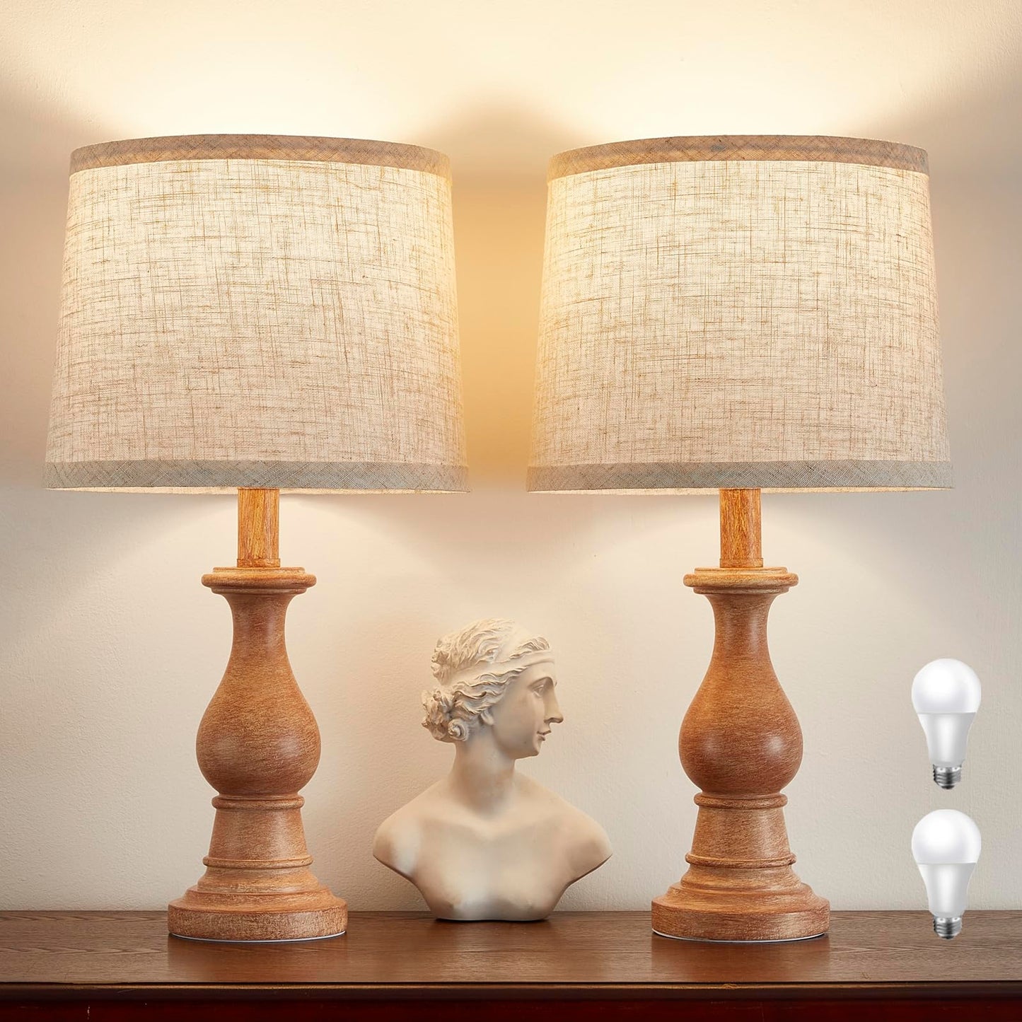 Vintage Table Lamp for Living Room Bedroom, 18.5" Farmhouse Bedside Lamps Nightstand Lamp Set of 2, Table Lamps with Oatmeal Linen Lamp Shades, 2 LED Bulbs Included