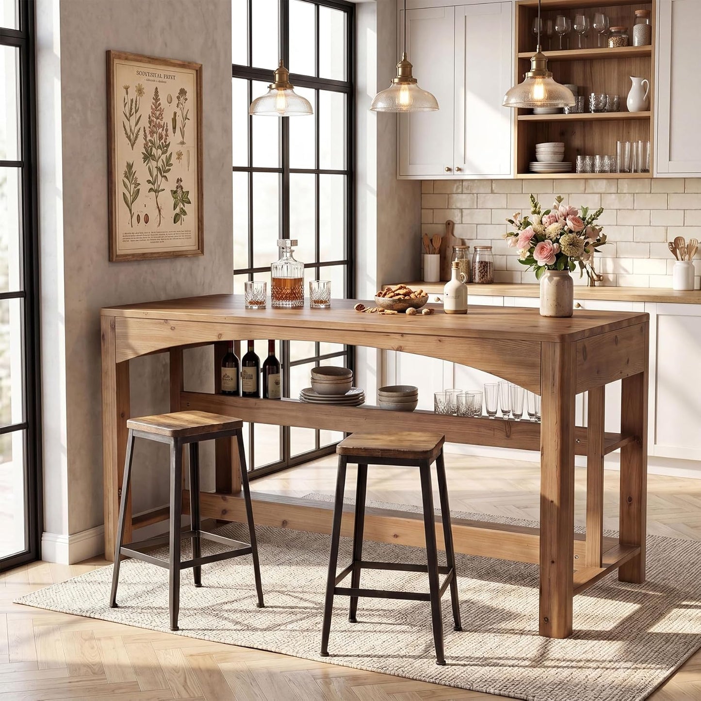59 Inches Bar Table, Farmhouse Counter Height Pub Table with Storage Shelves, 3-Tier Coffee Bar Cabinet Counter Height Table for Kitchen, Dining Room, Natural Brown