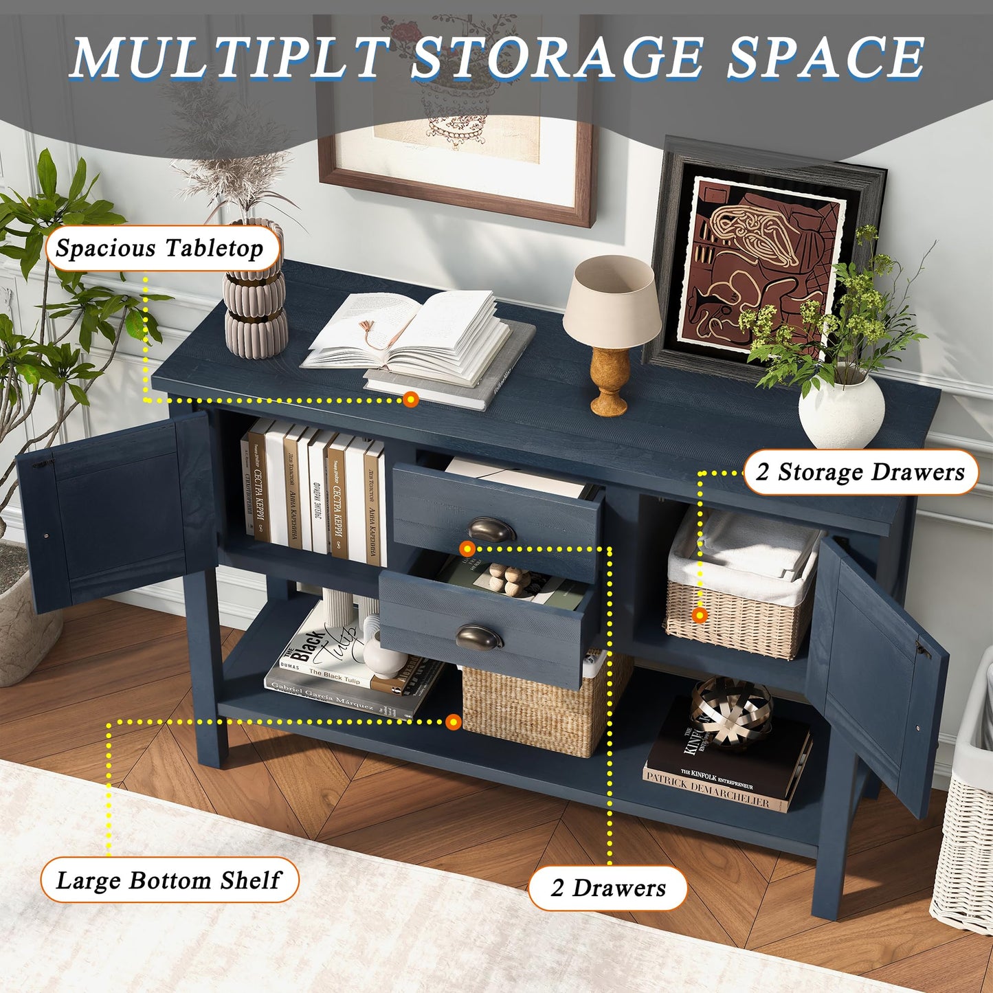 LKTART Farmhouse Sideboard Buffet Cabinet,Solid Wood Sideboard with Storage Drawers and Bottom Shelf,Coffee Bar for Entryway Hallway Foyer,Easy Assembled (46.5" Brown