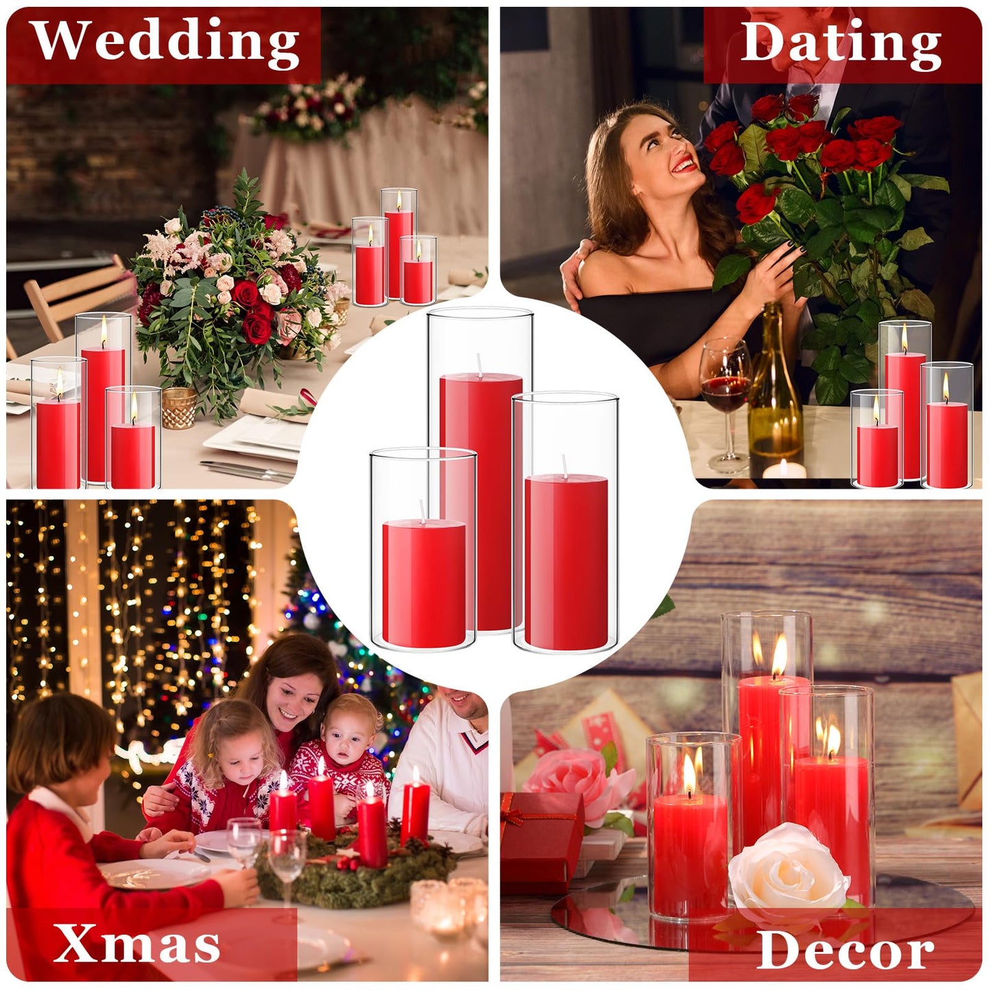 Shihanee Set of 3 Pillar Candles and 3 Glass Cylinder Candle Vases Holders Clear Pillar Jars for Wedding Centerpieces(3'' x 5.9'', 7.9'', 9.8'',Ivory White)