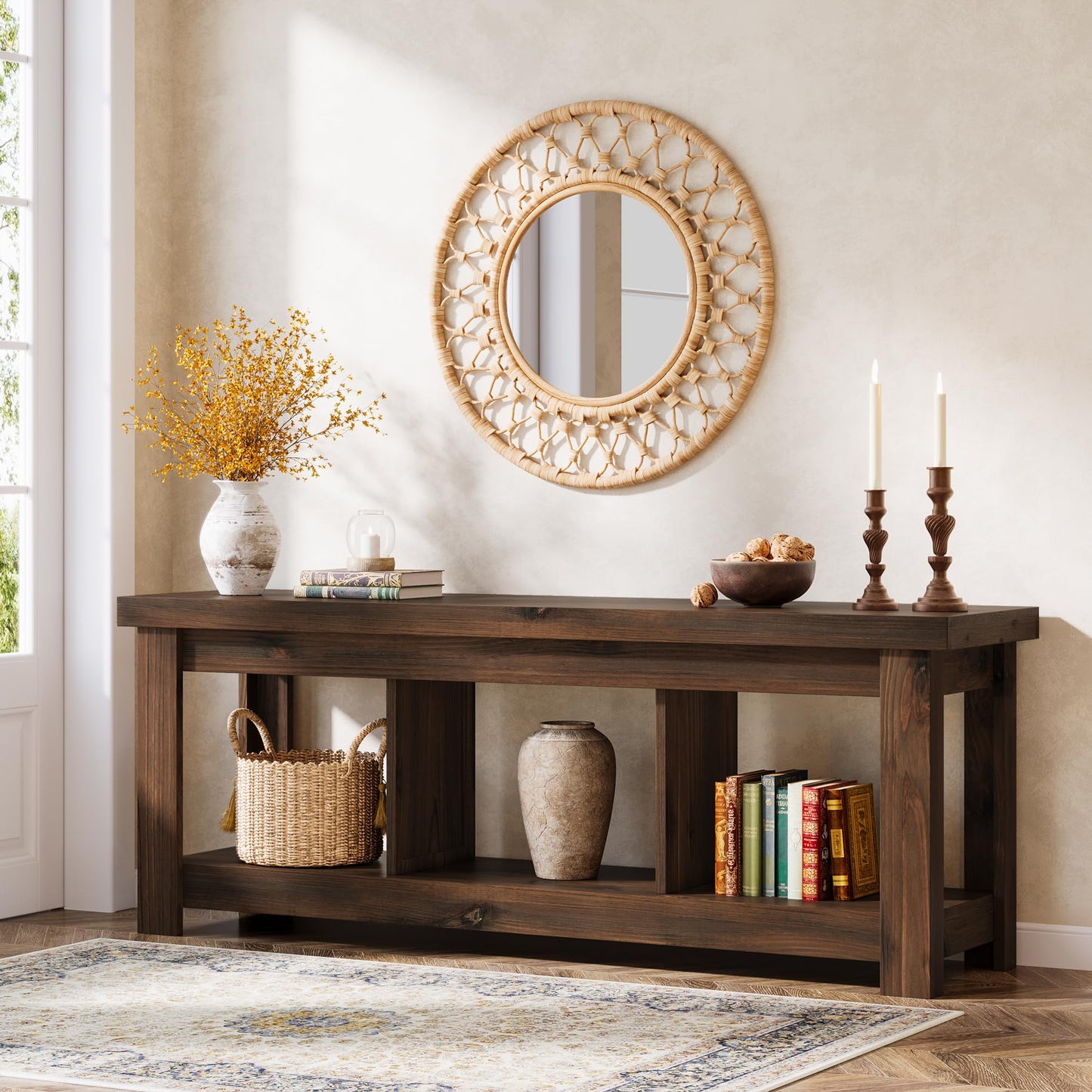 Solid Wood Console Table, 63-Inch Entryway Table with Storage, Long Wooden Sofa Table Behind Couch for Entryway, Hallway, Foyer, Living Room, Natural Wood