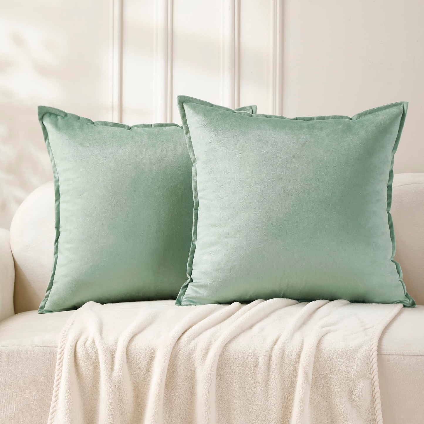 VAKADO Throw Pillow Covers 18x18 Set of 2 Olive Green Velvet Decor Decorative Couch Cushion Euro Xmas Pillowcases with Fringe Home Bed Decoration for Sofa Bedroom Office