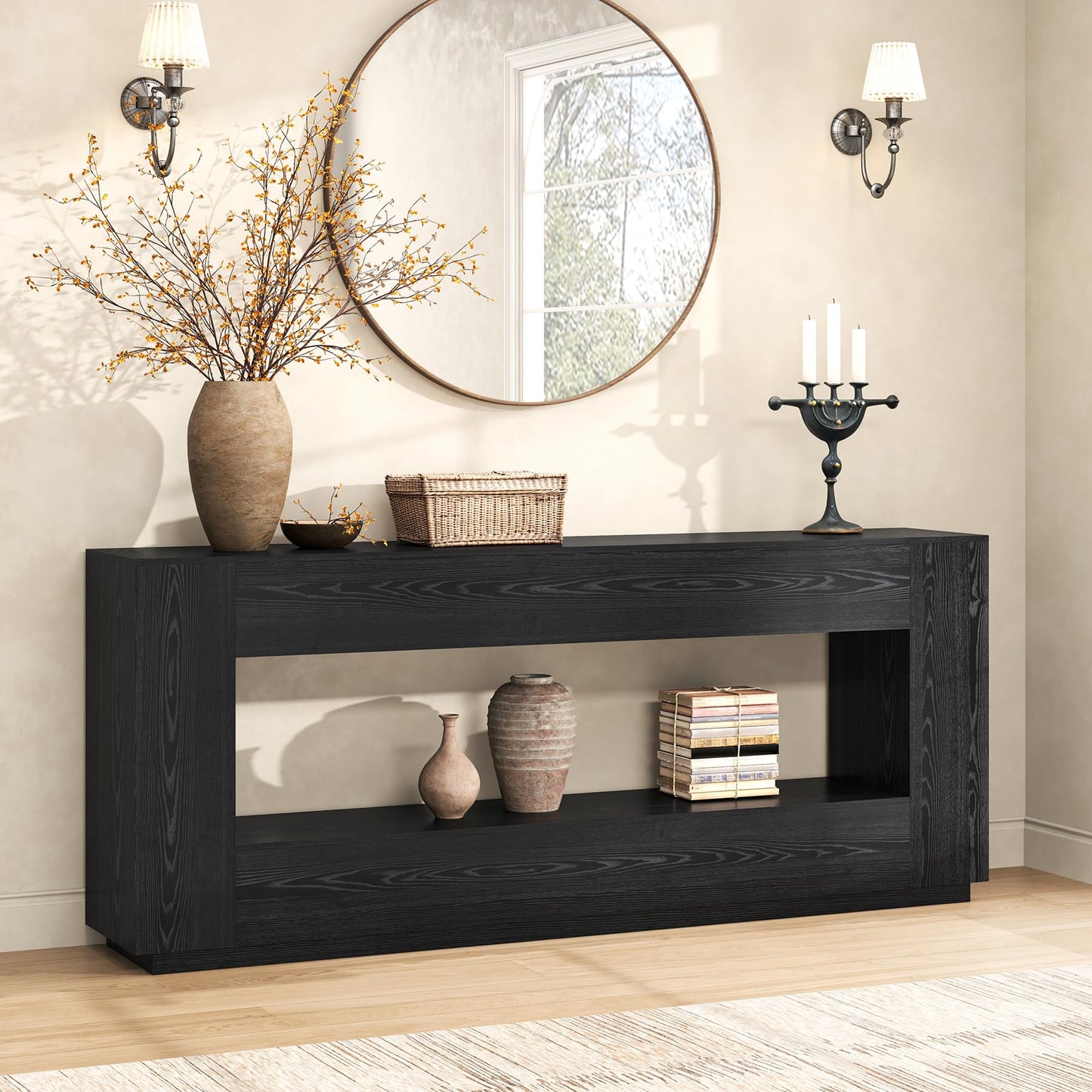Epecoya 78 Inch Extra Long Console Table for Entryway, 2-Tier Wood Sofa Table Behind Couch with Storage Shelf, Farmhouse Entrance Table with Thickened Base for Living Room, Foyer, Hallway, Oak Brown