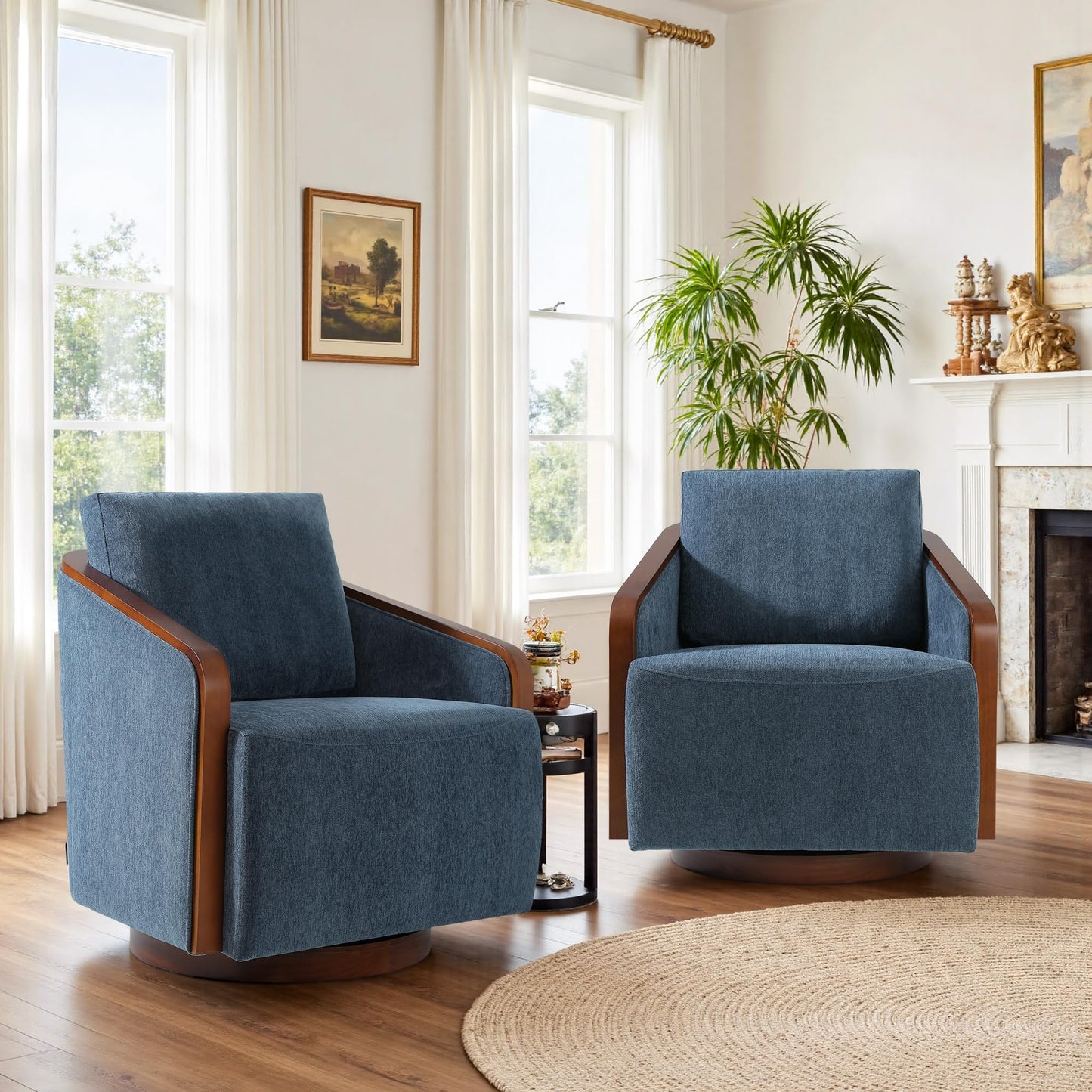 360° Swivel Barrel Chairs Set of 2, Upholstered Swivel Round Barrel Chair, Comfy Chenille Fabric Single Club Armchair Accent Chair for Living Room, Reading Room, Bedroom, Beige Brown