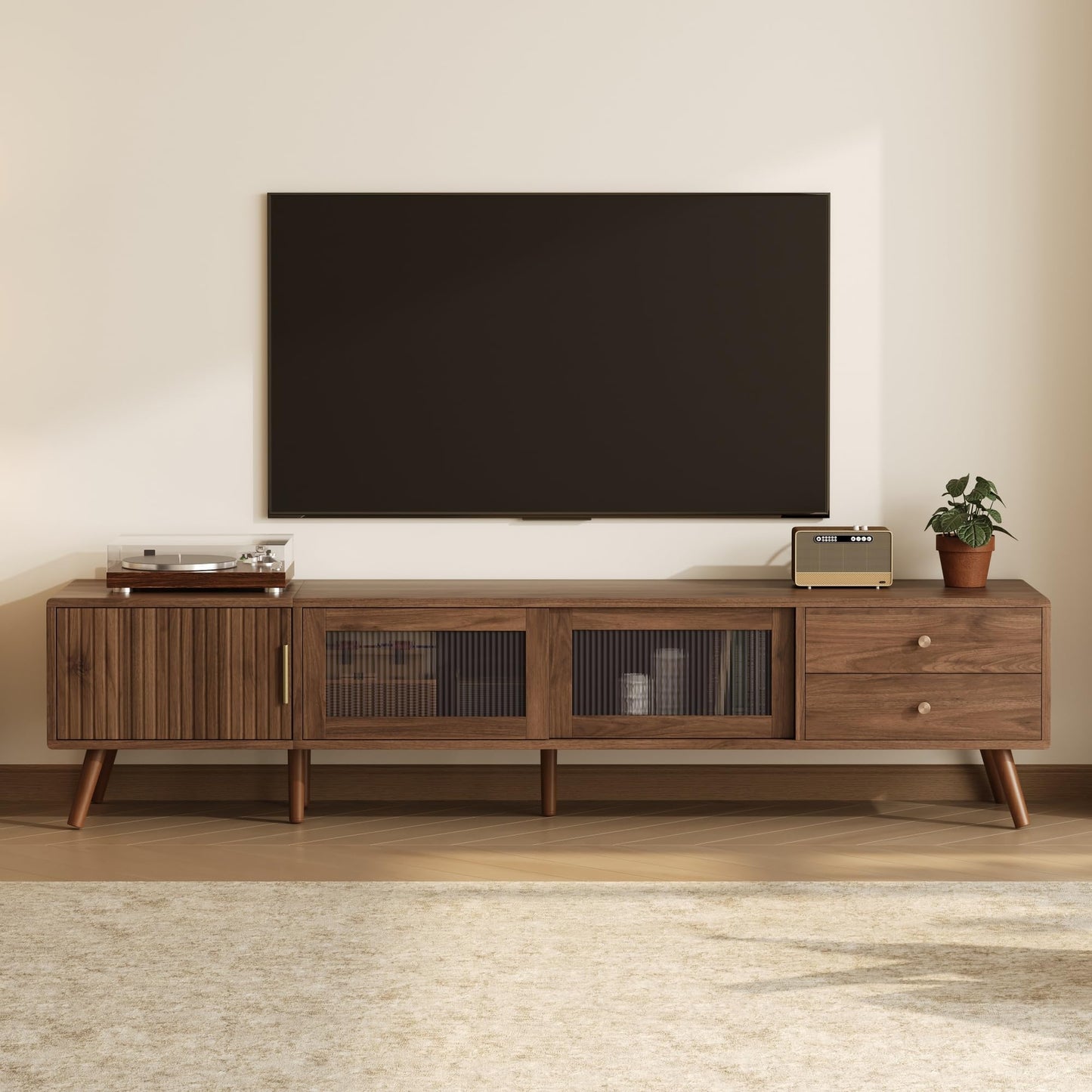 LKTART 67" Mid Century Modern TV Stand for 65/70/75/80" TVs,Entertainment Center with Sliding Doors and Drawers,Media Console for Living Room