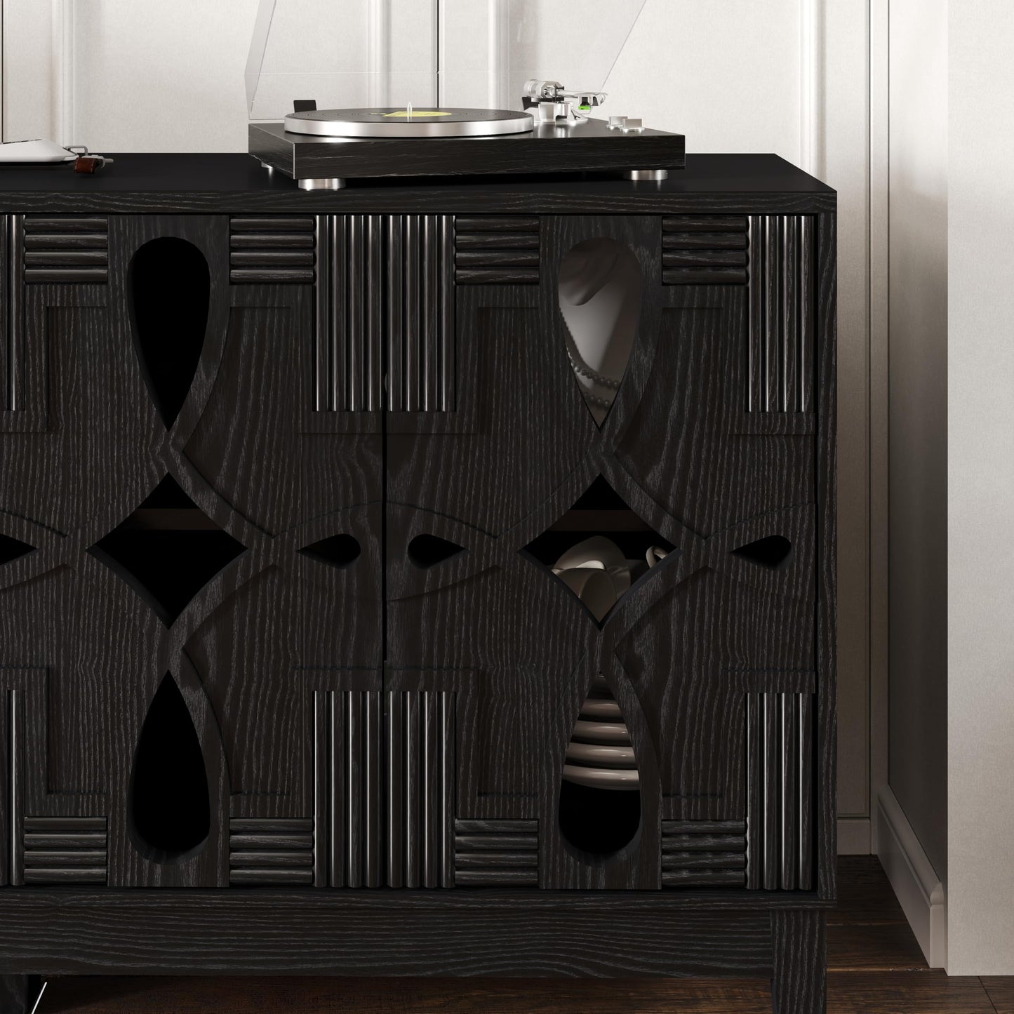 LKTART 60" Mid Century Modern Sideboard Buffet with Hollow Carved Doors and Outlet Holes,Vintage Accent Cabinet Credenzas Storage Cabinet Walnut