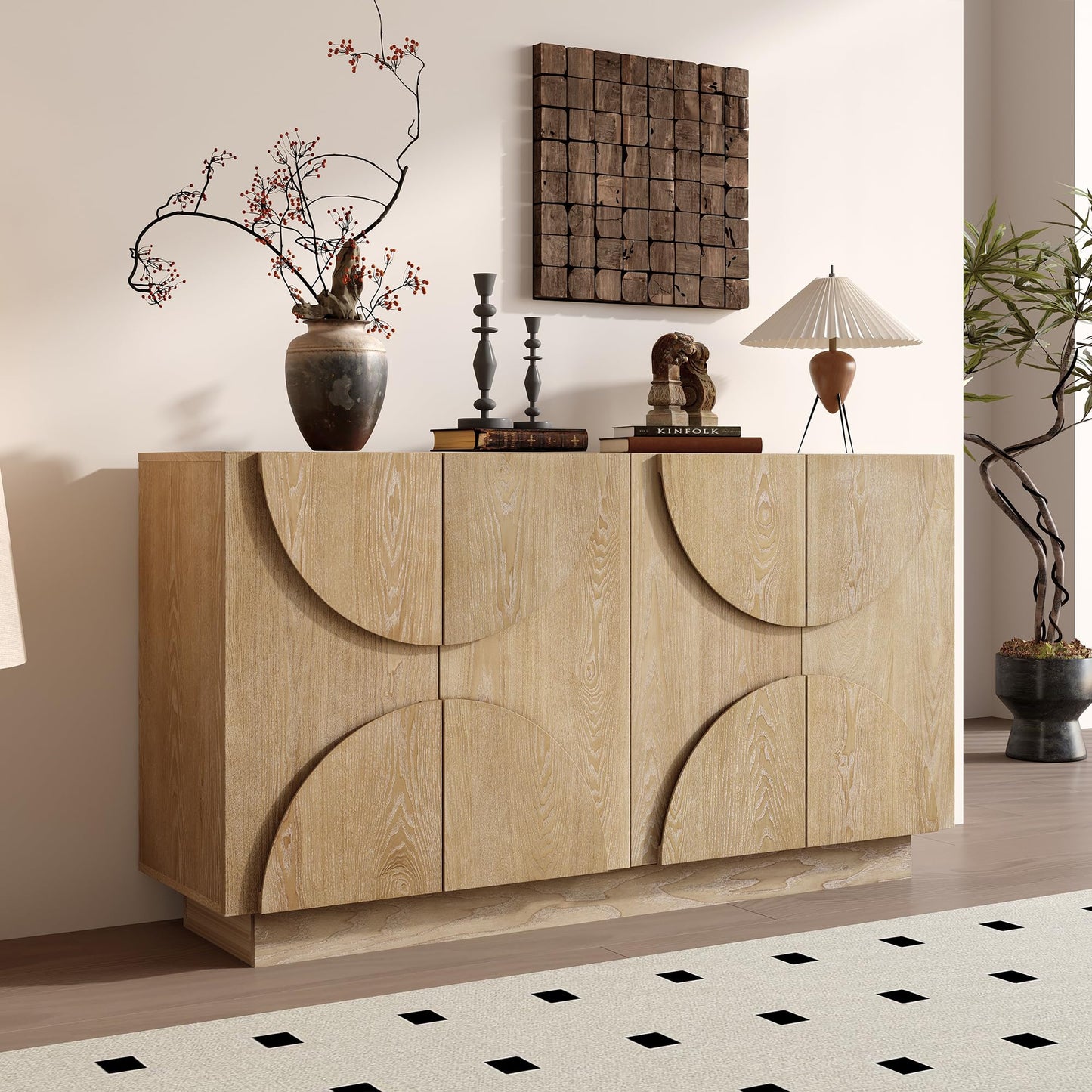 LKTART 40" Sideboard Buffet Accent Storage Cabinet with Carved Pattern Side Board Solid Wood Frame for Kitchen, Living Room, Entryway,Hallway (Blue+Brown)