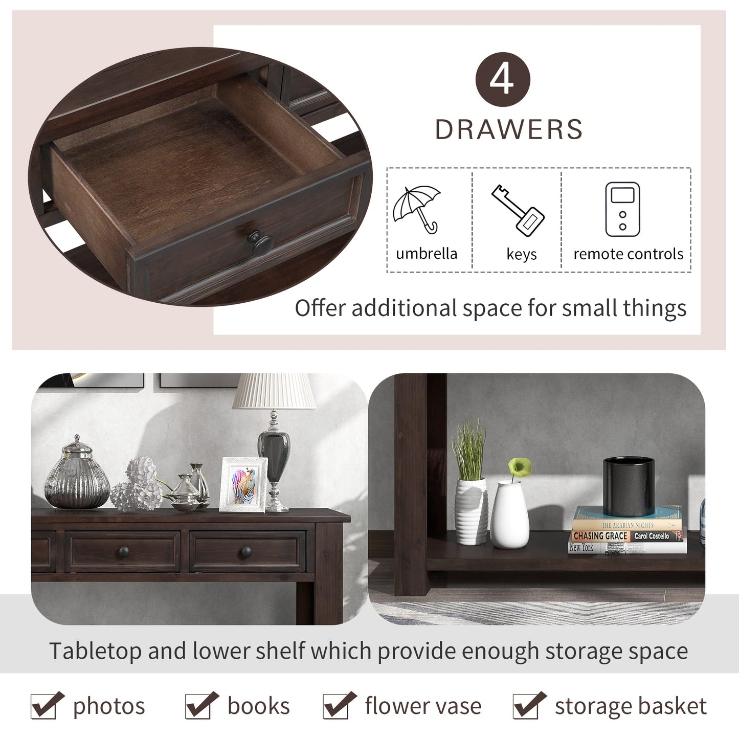 LKTART 63" Solid Wood Console Table Sofa Table with Storage Drawers and Bottom Shelf,Farmhouse Entryway Table for Hallway Foyer,Living Room,Easy Assembled (63" Espresso)