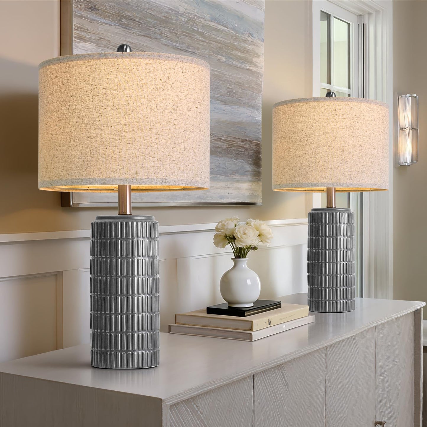 PoKat 23" Modern Ceramic Table Lamp Set of 2 for Living Room White Desk Lamps for Bedroom Farmhouse Bedside Nightstand Lamp House Warming Gifts New Home Decor End Table Lamps Gifts for Women Mom Beige