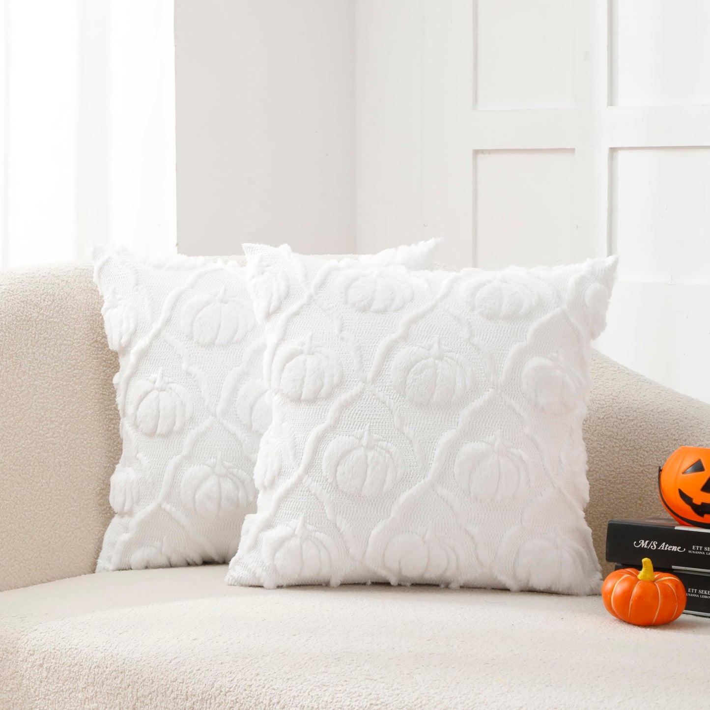 VAKADO Halloween Fall Throw Pillow Covers 18x18 Set of 2 Pumpkin Autumn Couch Thanksgiving Home Decorations Kitchen Decor Plush Embroidered Velvet Cushion for Farmhouse Bed Sofa Living Room,Cream