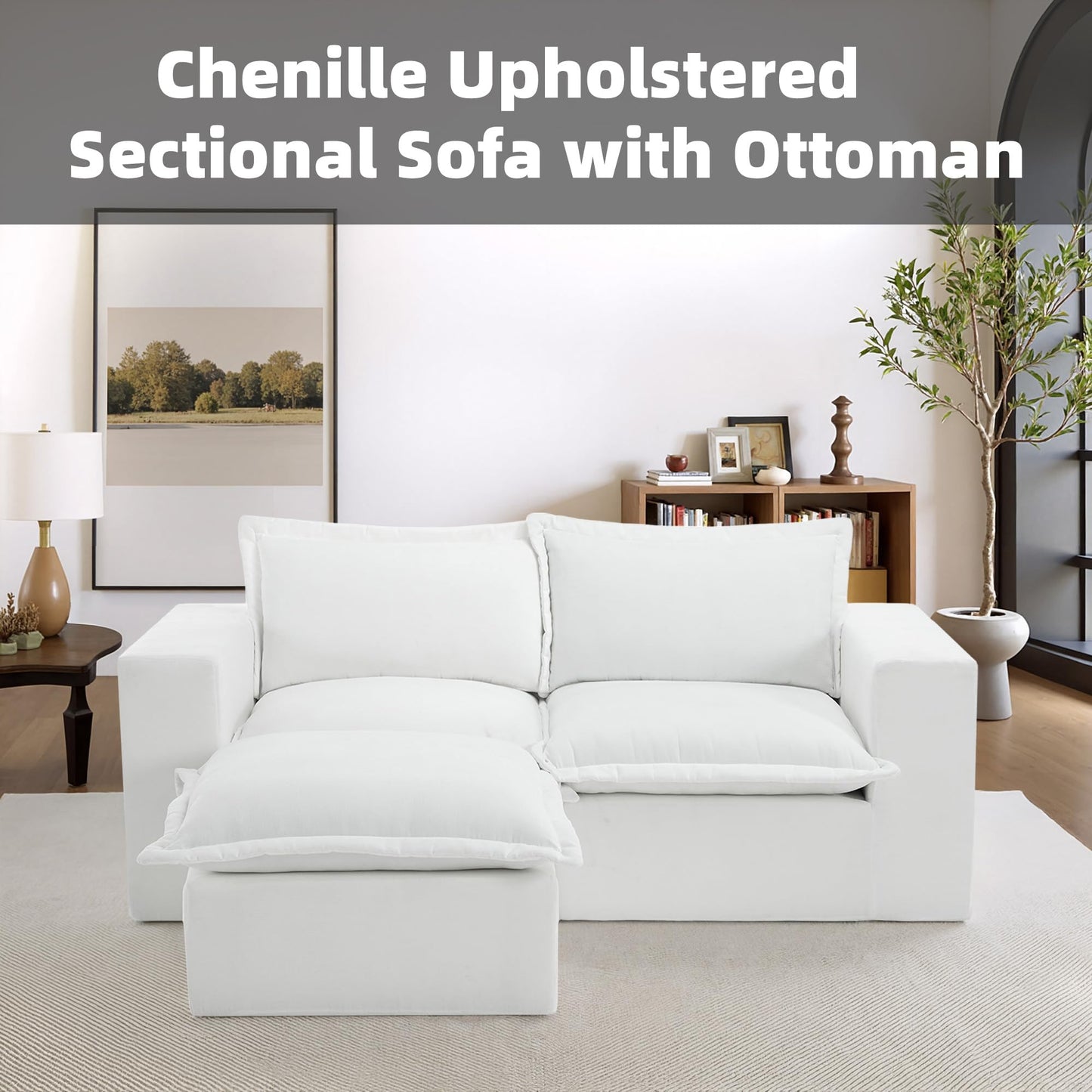116" Modular Sectional Sofa, Comfy L Shaped Modular Coush Sofa with Ottoman, 3-Seat Chenille Cloud Couches Deep Seat Sofa for Living Room, Apartment, Small Spaces, Beige