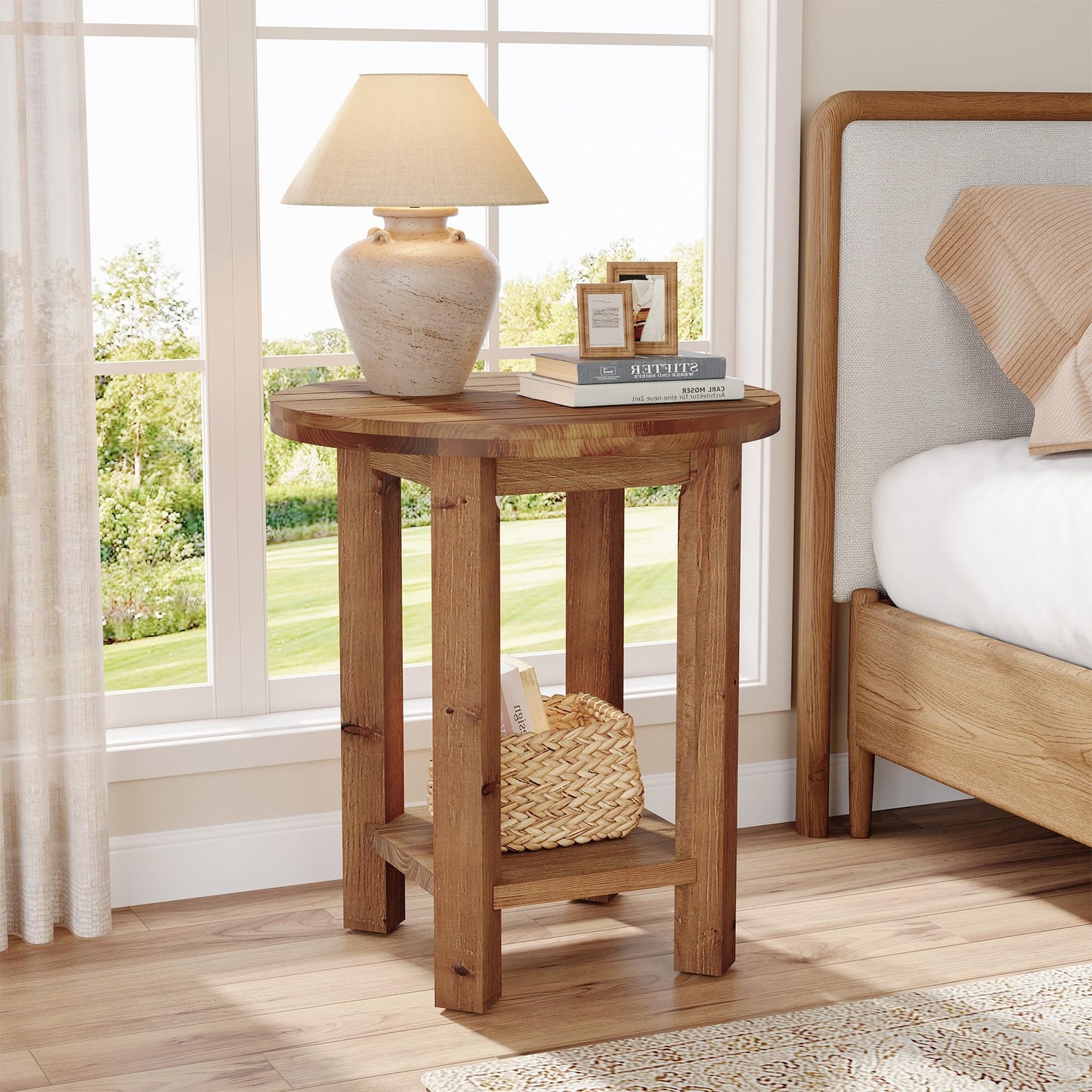 Round Solid Wood Nightstand, 2-Tier Bedside Table with Storage Shelf, Small Farmhouse End Table for Bedroom, Brown (1)