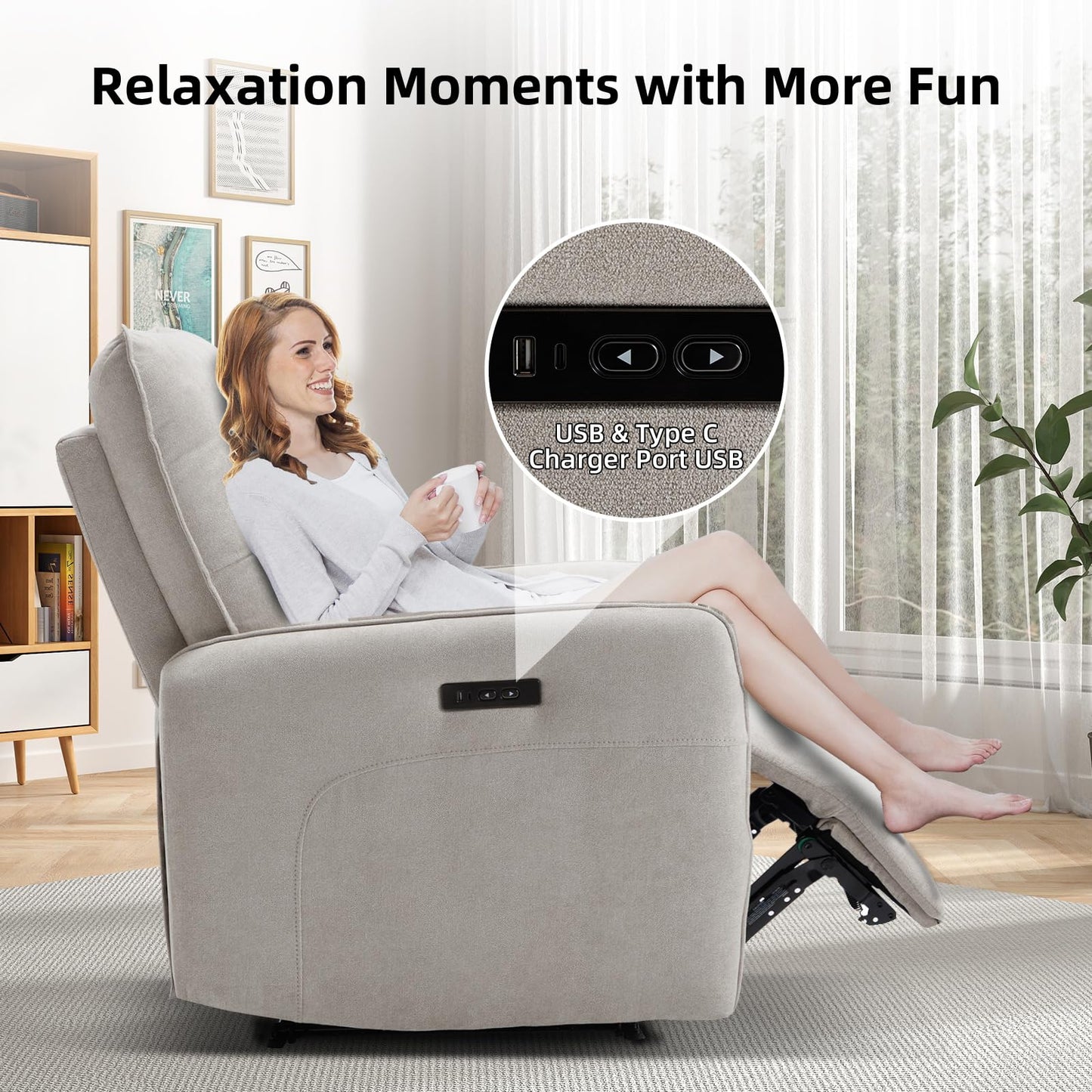 IOMOR Power Recliner Chair for Adults, Electric Recliner with USB Tape-C Ports, Zero Wall Single Reclining for Small Space, Living Room (1, Grey)