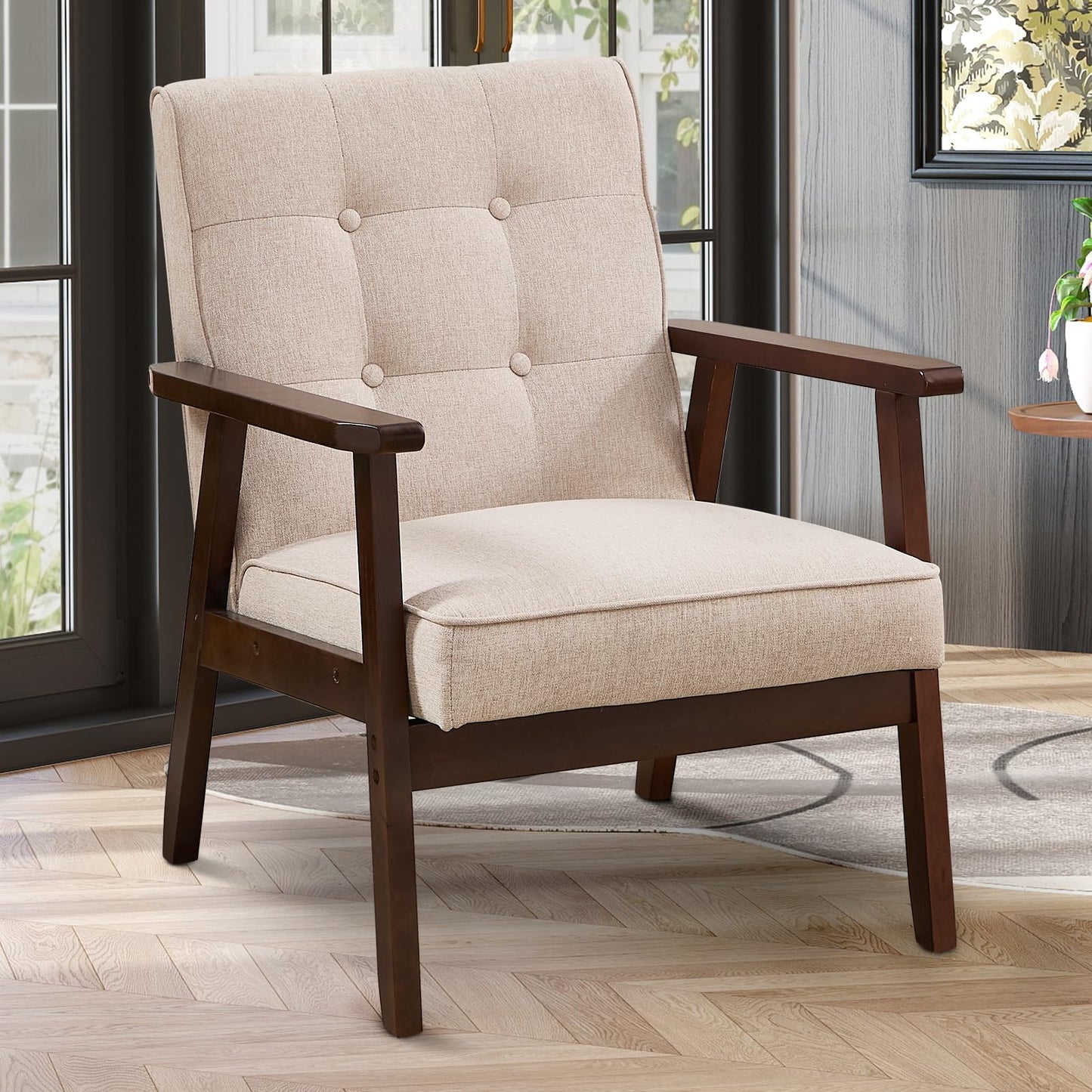 IOMOR Accent Chair Mid Century Modern Chair for Living Room, Comfy Faux Leather Armchair with Solid Wood Frame Soft Thick Padded, Side Chairs Easy Assembly (1, Brown)