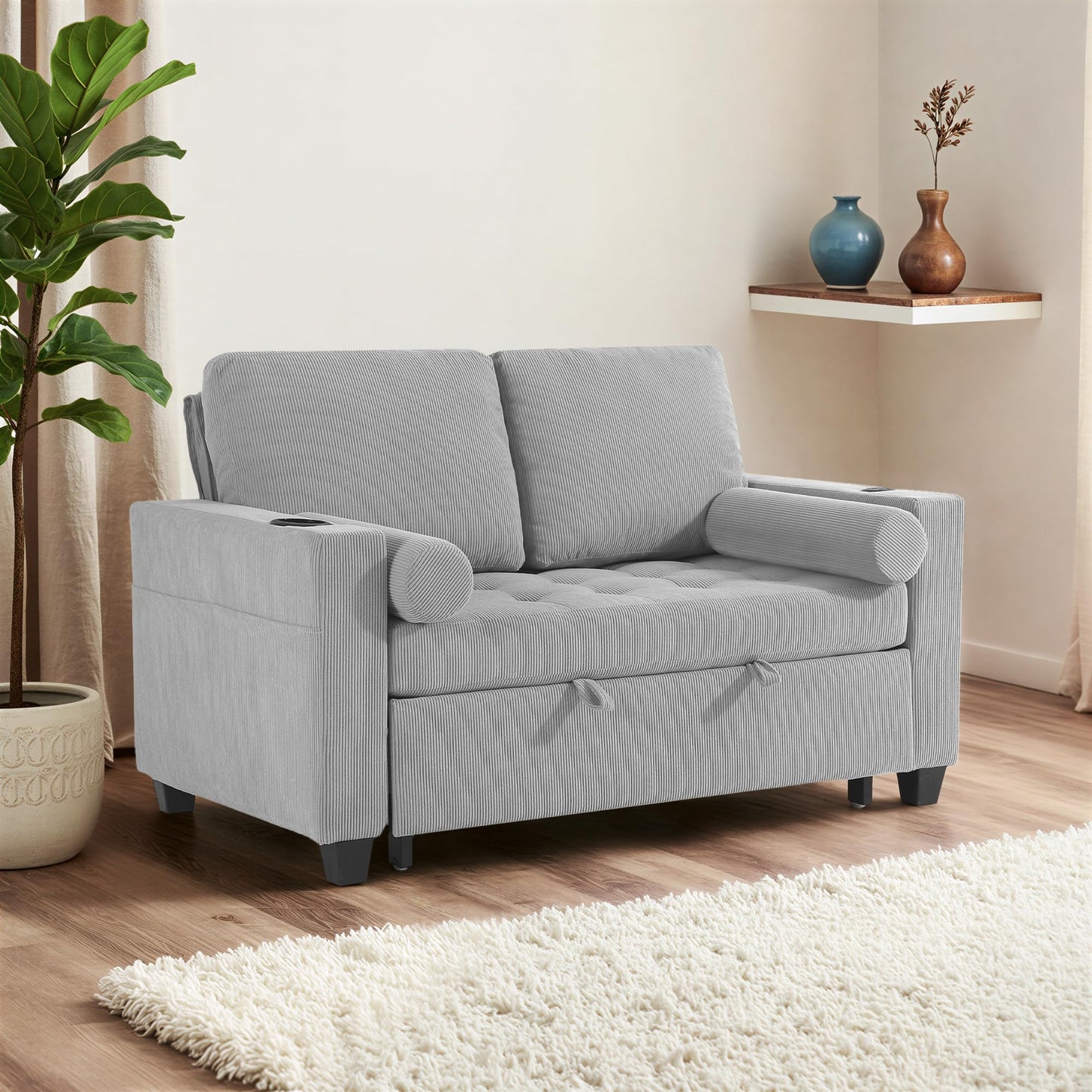 Sleeper Sofa Chair Bed, 3-in-1 Convertible Sleeper Chair with Pull Out Bed, Comfy Corduroy Sofa Bed Couch with Reclining Adjustable Backrest, USB Ports, Cup Holder, Side Pocket (Gray, 38.8")