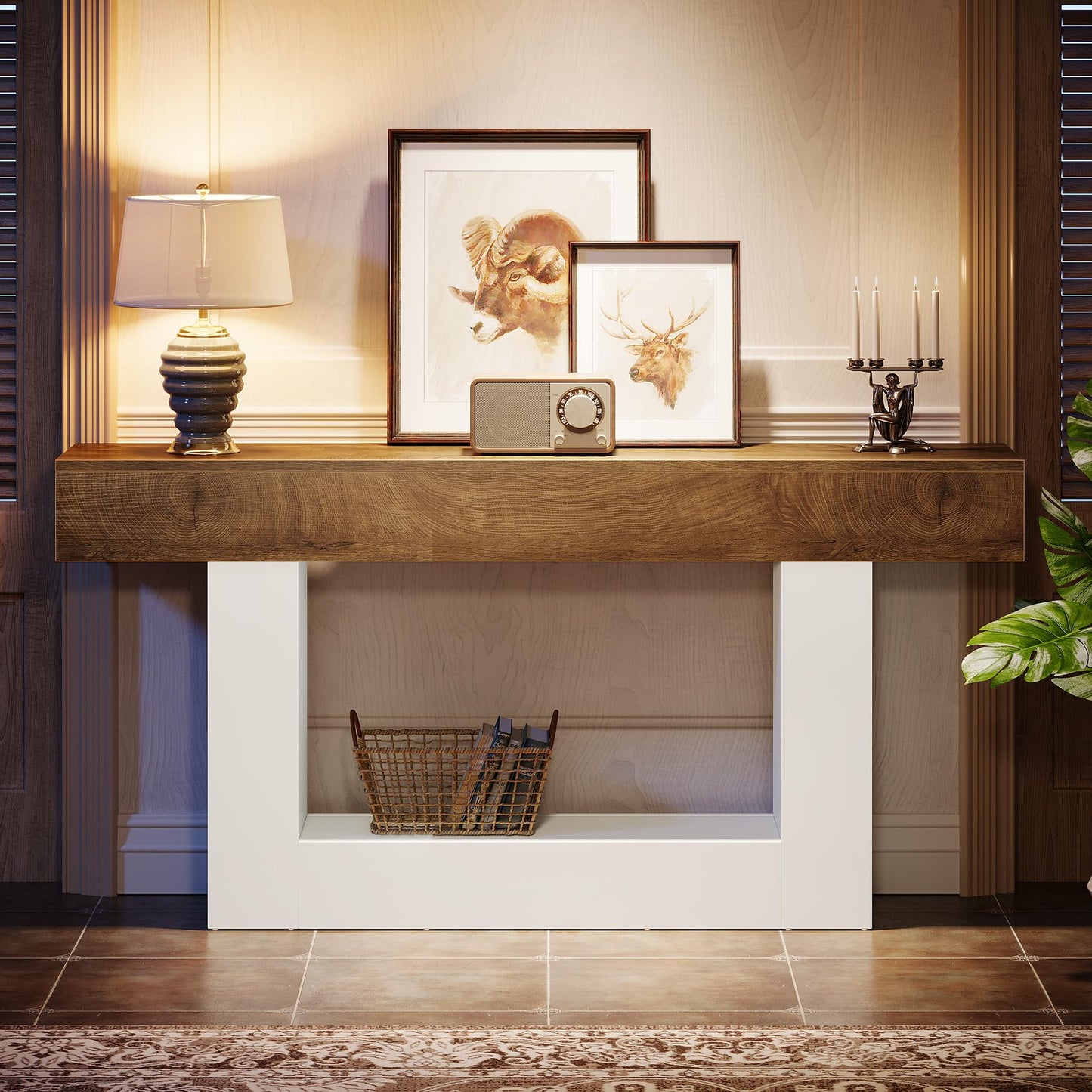 Tribesigns 63" Console Table, Farmhouse 2-Tier Entryway Table with U-Shaped Base, Narrow Long Wood Sofa Table Behind Couch Table for Living Room, Hallway, Foyer, Vintage Brown & Gray | Farmhouse