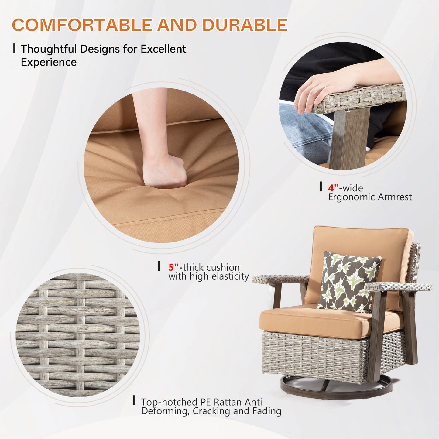 Joyside Patio Chair - Outdoor 360 Degree Swivel Rocker Chair with Durable Fabric Cushion and Ergonomic Structure, Patio Wicker Dining Chair(Grey/Dark Blue)
