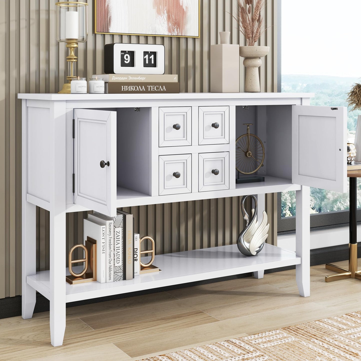 LKTART Farmhouse Sideboard Buffet Cabinet,Solid Wood Sideboard with Storage Drawers and Bottom Shelf,Coffee Bar for Entryway Hallway Foyer,Easy Assembled (46.5" Brown