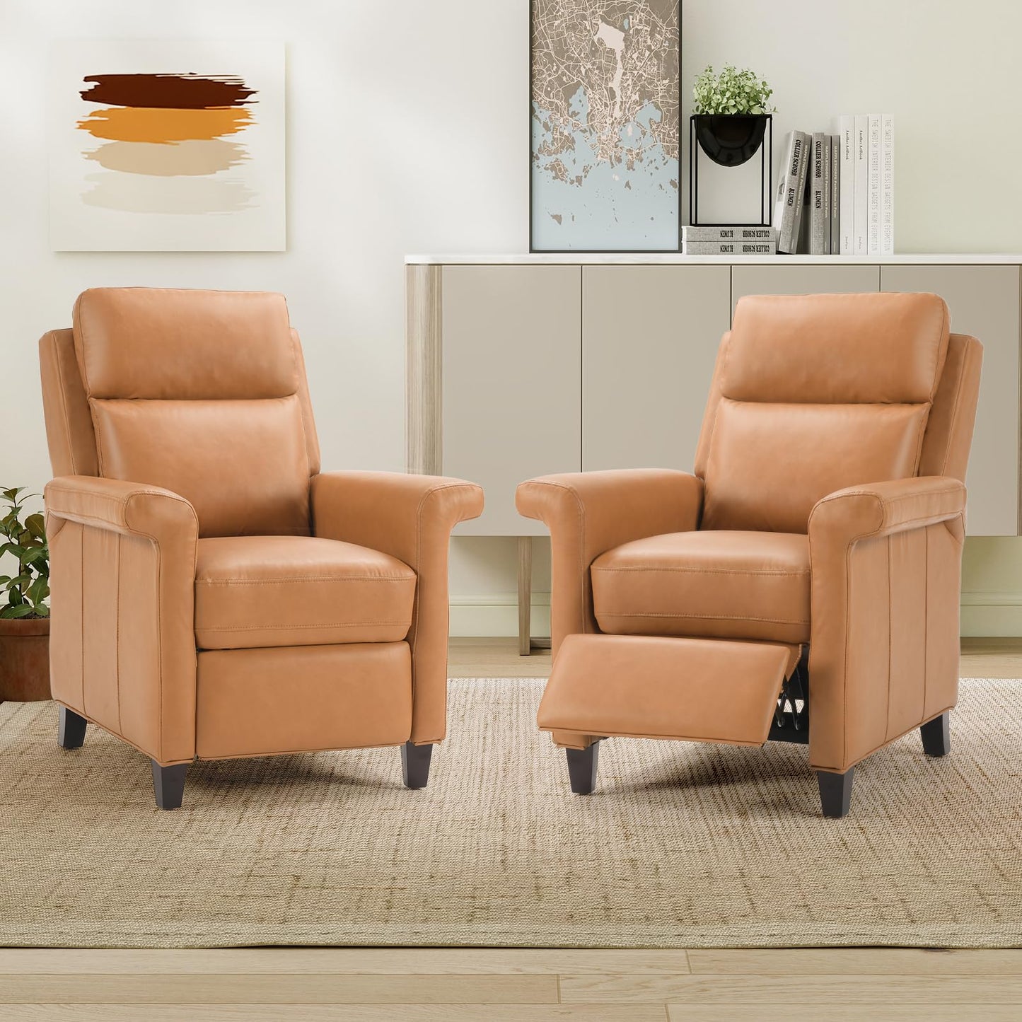 IOMOR Push Back Recliner Chair, Faux Leather Lounge Armchair with Footrest, Decoration Single Sofa Accent Chair for Living Room, Bedroom, Small Spaces (1, L-Brown)