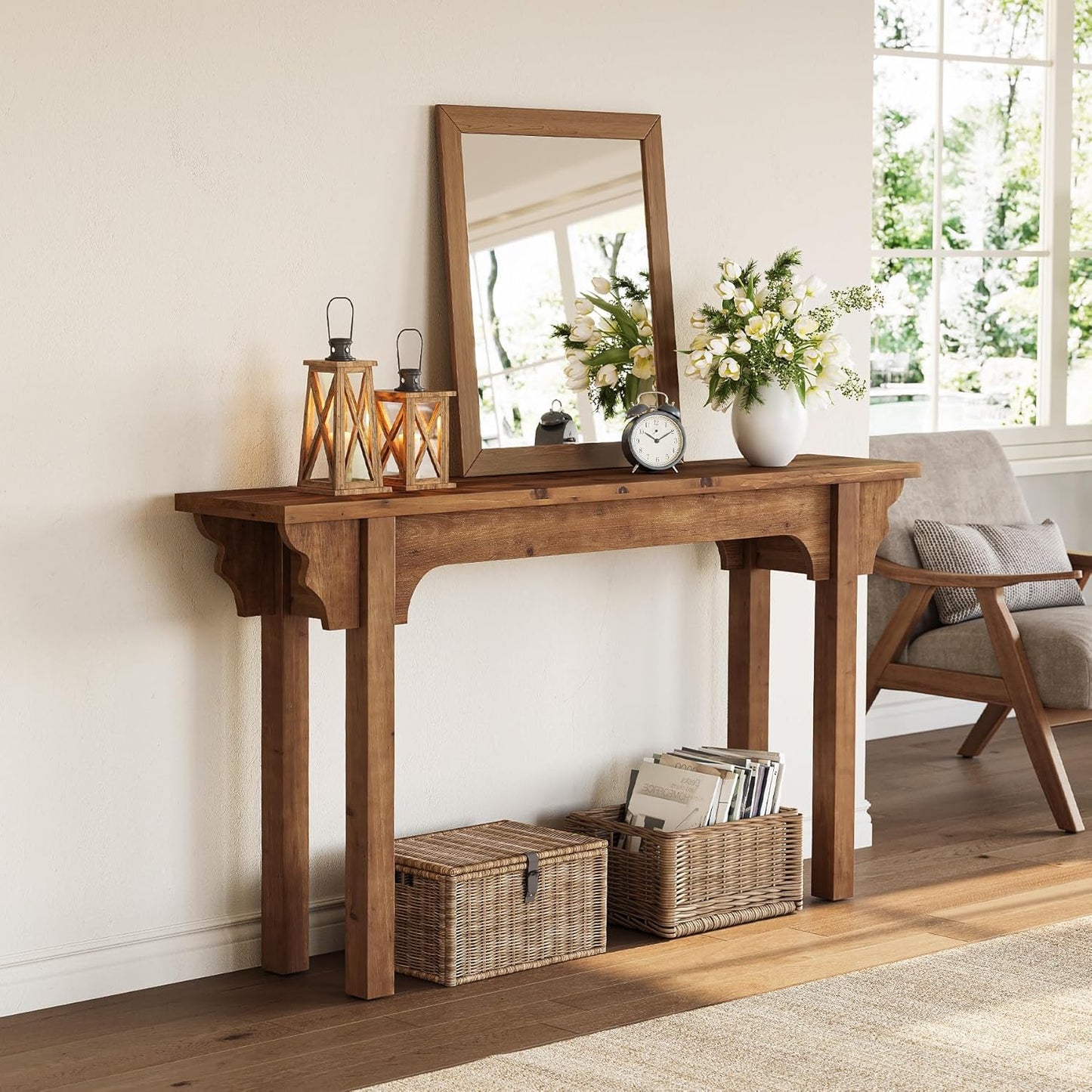 63" Solid Wood Console Table, Mid-Century Modern Entryway Table for Living Room, Hallway, Foyer