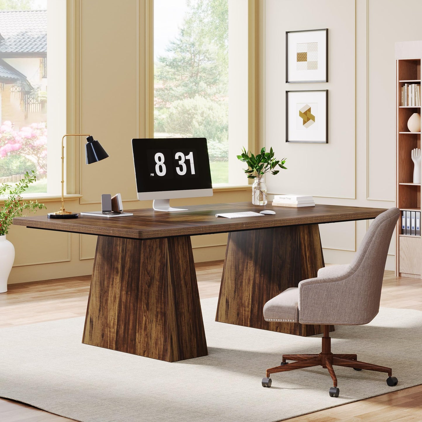 Tribesigns 63-Inch Executive Desk, Large Office Computer Desk with Double Pedestal, Modern Simple Workstations Writing Table Conference Table Business Furniture for Home Office, Light Brown