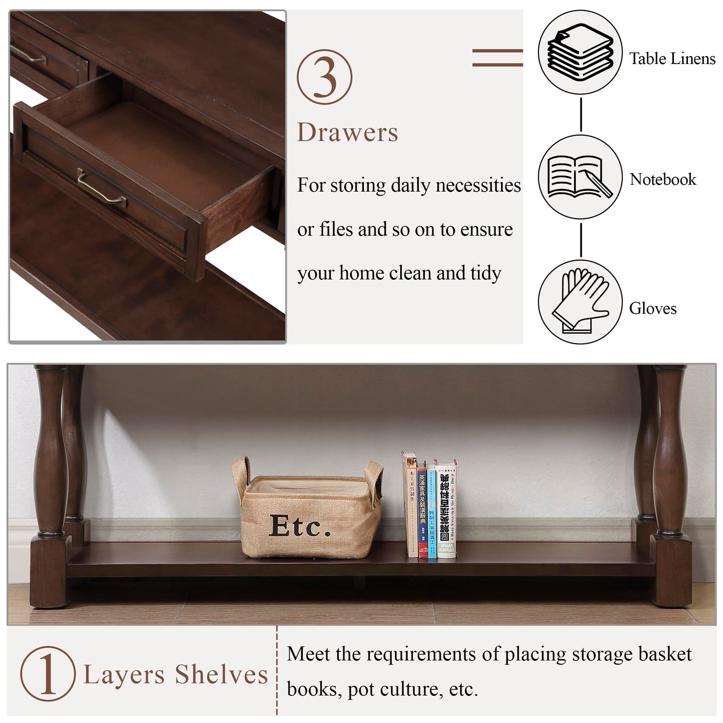 LKTART Solid Wood Console Table for Entryway,Long Sofa Table with 3 Drawers and Bottom Shelf for Hallway,Foyer,Entry,Easy Assembled (63" Light Espresso)