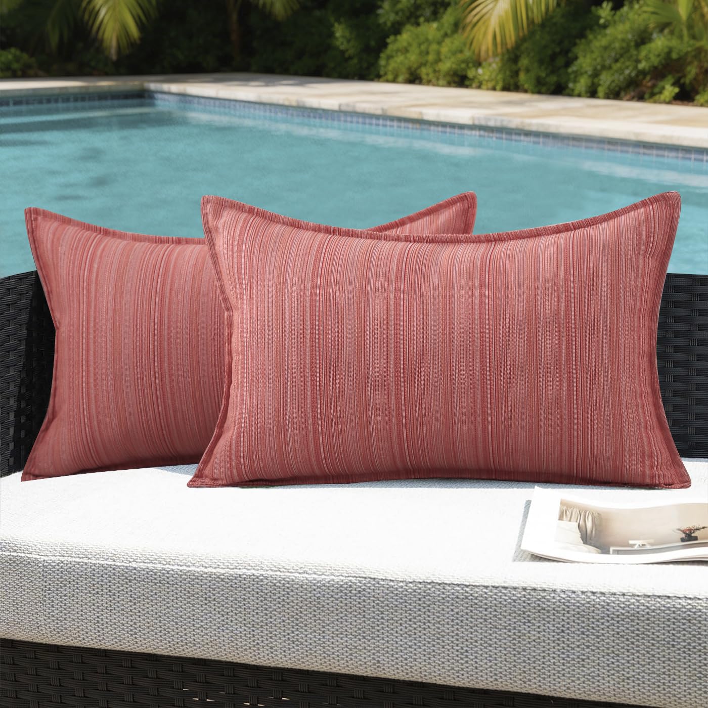 VAKADO Outdoor Waterproof Throw Pillow Covers 18x18 Set of 2,Chenille UV Decorative with Hem Patio Furniture Cushion Cases Decor for Bench Garden Tent Chair Seat Porch Couch,Stripe Beige