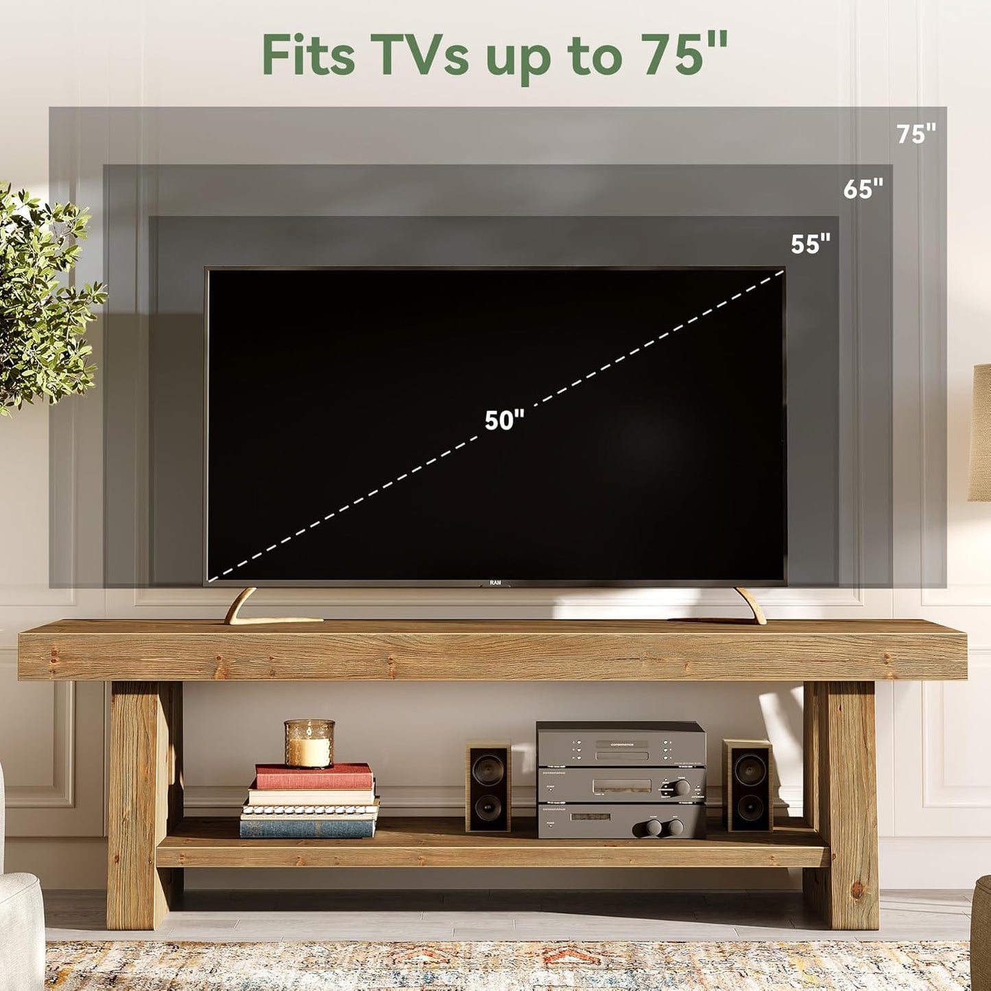 63-Inch Solid Wood TV Stand, 2-Tier Farmhouse Entertainment Center with Open Storage Shelves, TV Consoles for Living Room Bedroom, Wood Television Console for TVs up to 75 Inches