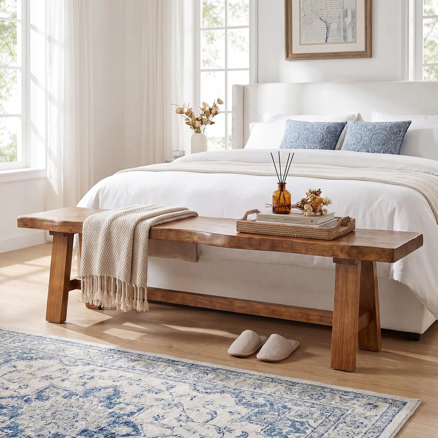 Solid Wood Entryway Bench, 63" Long Bed Bench with Angled Legs, Farmhouse Seating Benches for Entryway, Bedroom, Dining Room, Living Room, Rustic Brown