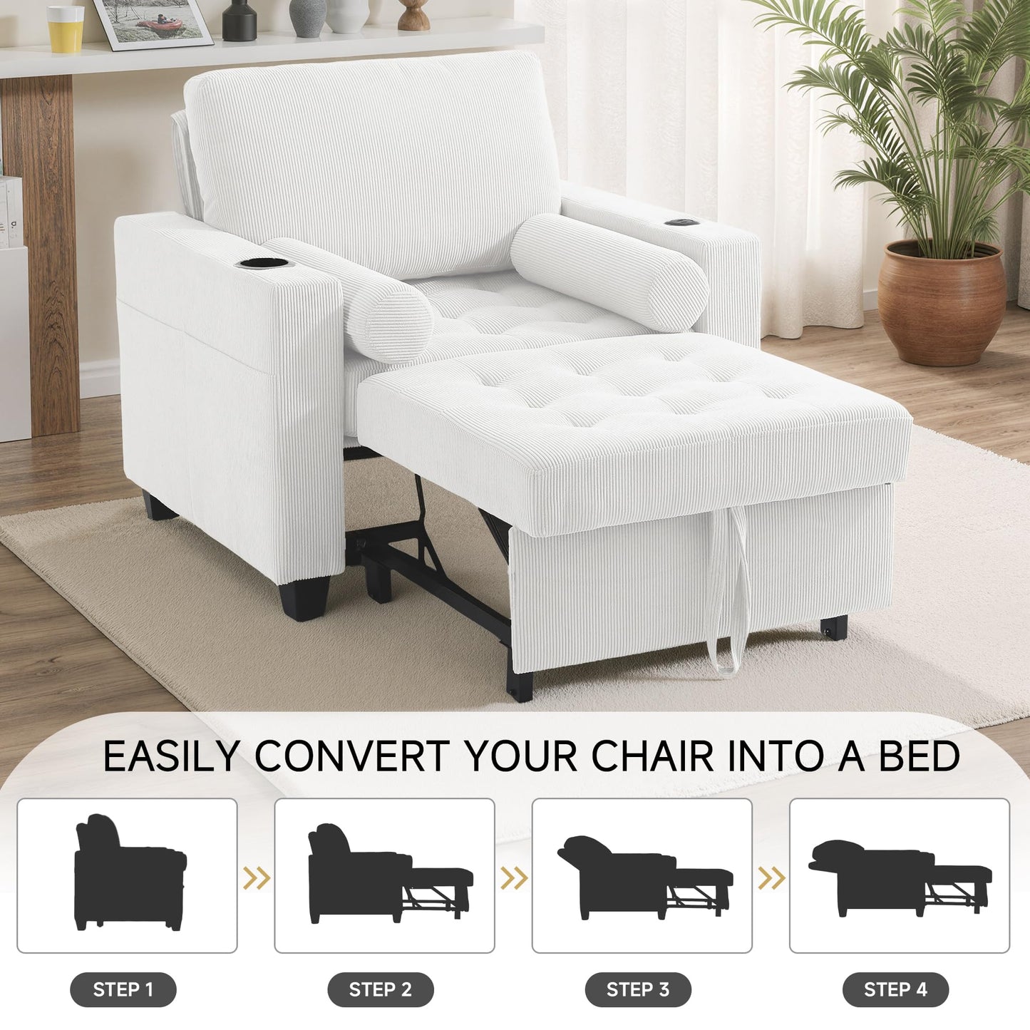 Sleeper Sofa Chair Bed, 3-in-1 Convertible Sleeper Chair with Pull Out Bed, Comfy Corduroy Sofa Bed Couch with Reclining Adjustable Backrest, USB Ports, Cup Holder, Side Pocket (Gray, 38.8")