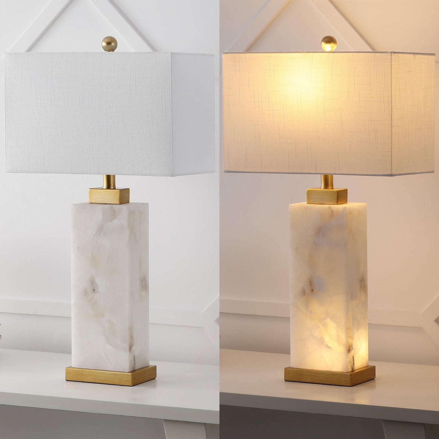 JONATHAN Y 24.25" Black/White Modern Alabaster LED Table Lamp for Home Decor, White Linen Shade, Coastal Nightstand Lamp with Built-in Base Accent Light (JYL8507A)