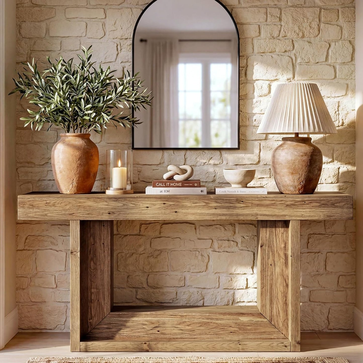 Wood Console Table, 63-Inch Farmhouse Entryway Table with Open Storage Shelf, Narrow Solid Wood Sofa Table Behind Couch for Living Room, Entrance, Foyer, Hallway, Natural