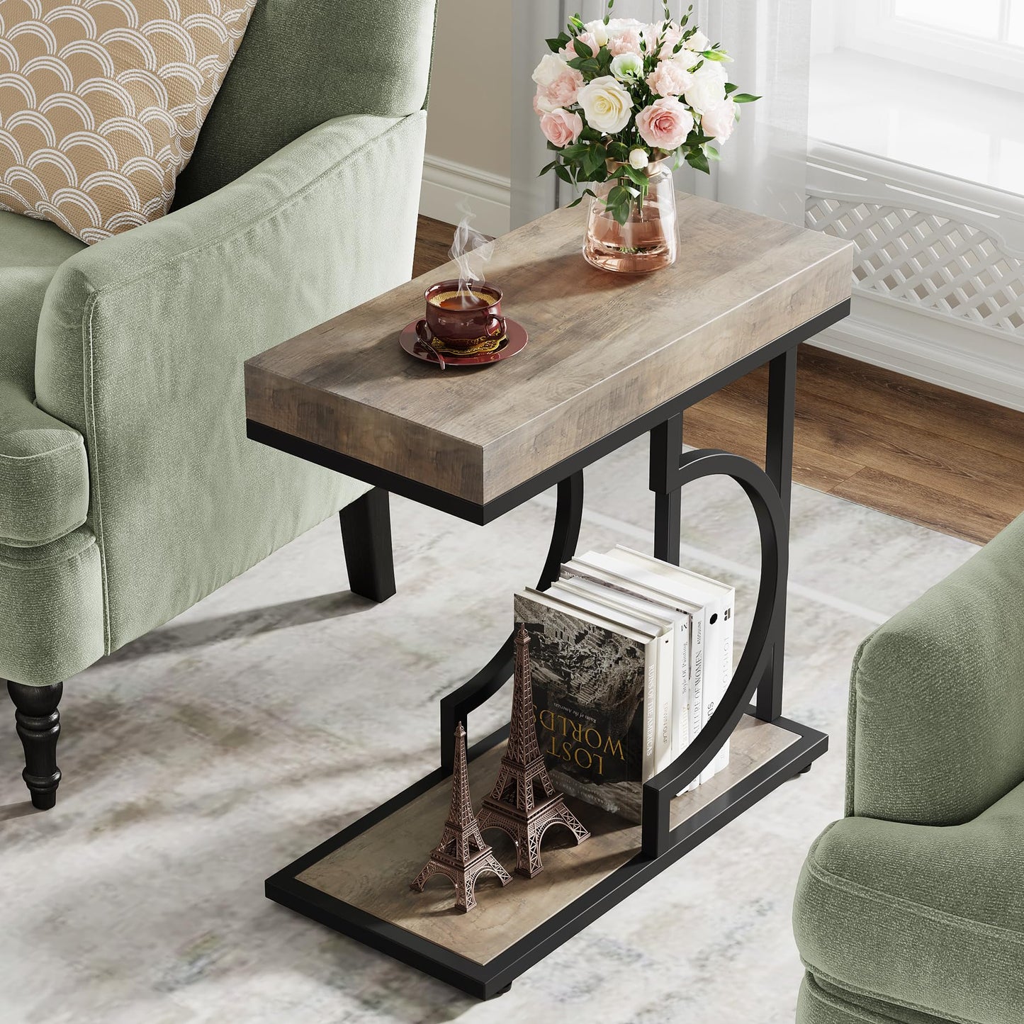 Tribesigns Narrow Side Table for Couch, C Shaped End Table with Metal Frame, Modern Bedside Tables, Small Sofa Tables for Small Spaces, Living Room (1, Brown+Black)